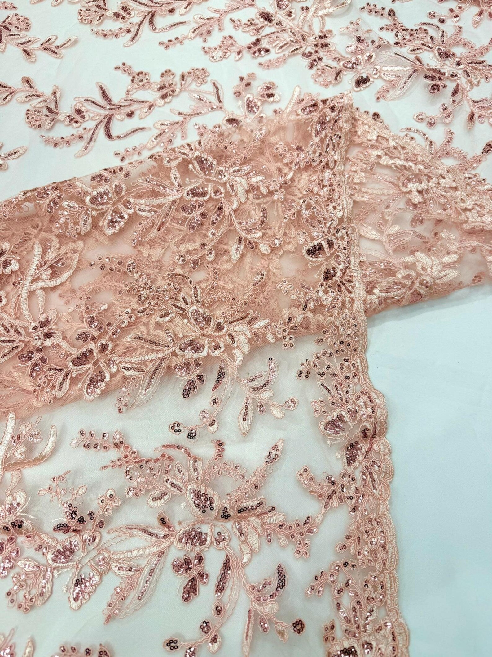 Corded Lace with Butterfly Embroidery and Sequin on Mesh Fabric By The Yard. Pink