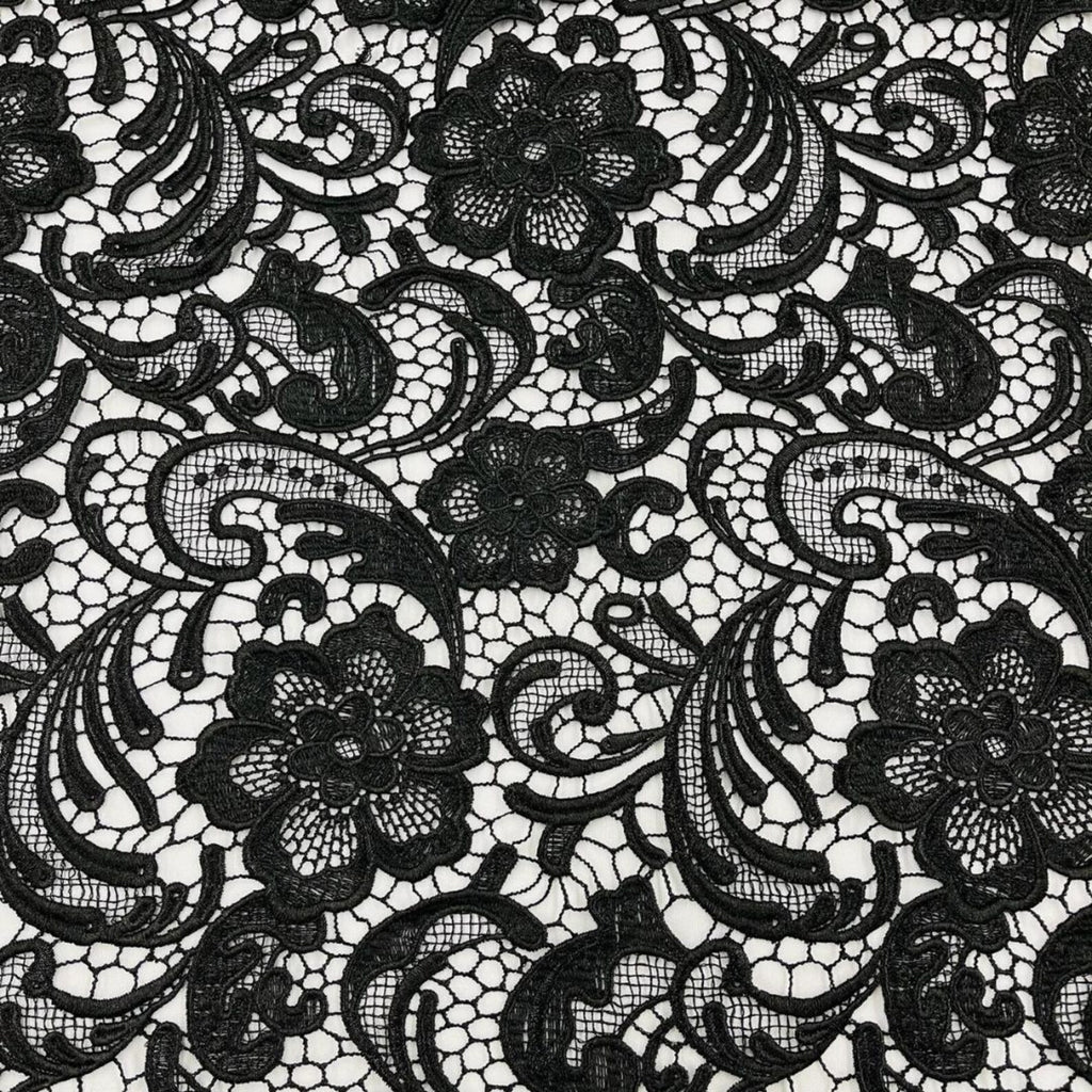Floral Guipure Lace Fabric - BLACK - Bridal Wedding Dress Lace a Mesh Fabric for Prom Dress. Sold By The Yard