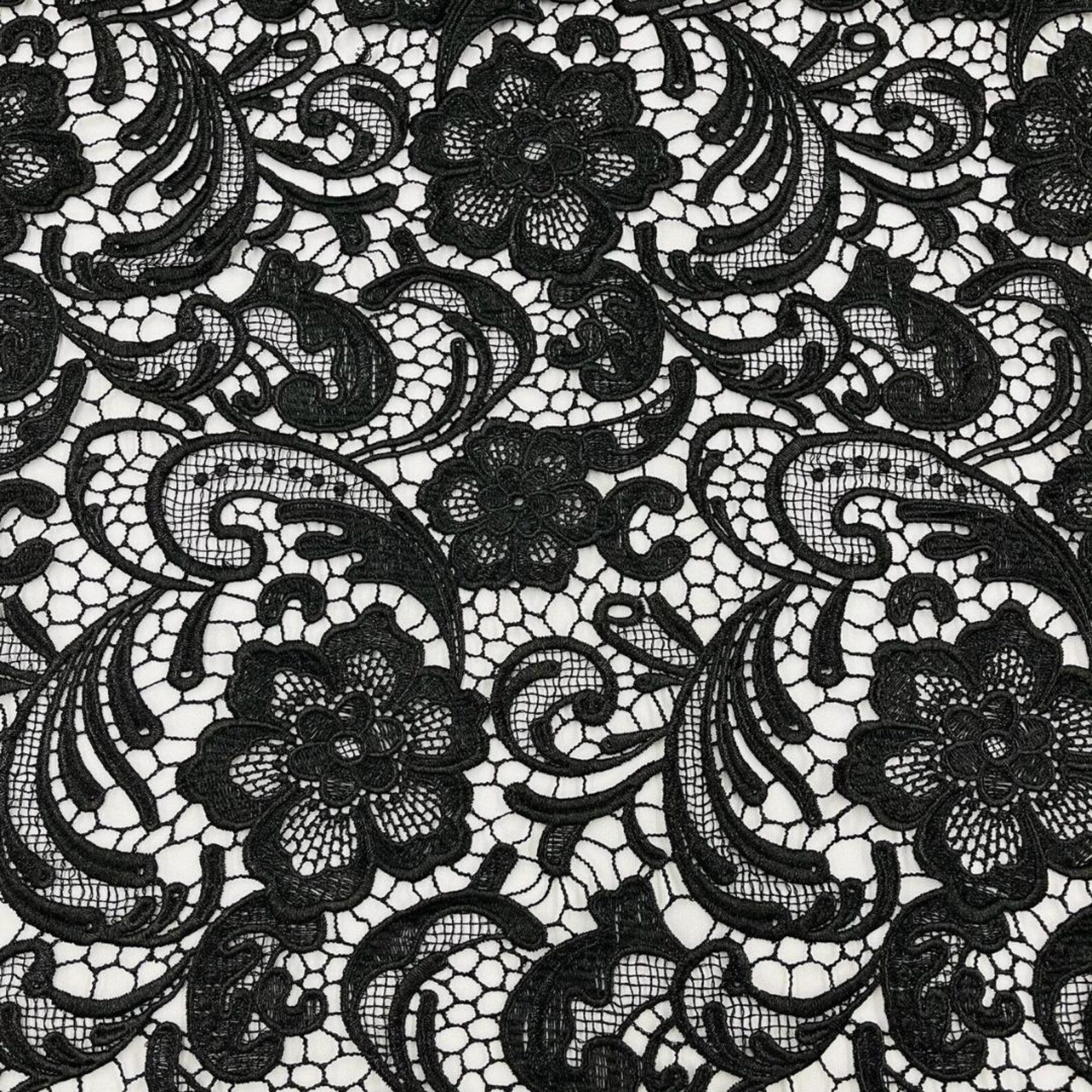 Floral Guipure Lace Fabric - BLACK - Bridal Wedding Dress Lace a Mesh Fabric for Prom Dress. Sold By The Yard