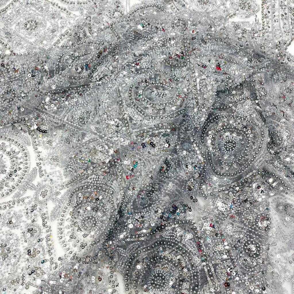 Luxurious Design Lace - Silver - Geometric Beaded Design with Embroidered Sequins and Beads On a Mesh Lace Fabric By The Yard