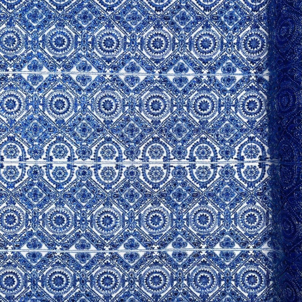Luxurious Design Lace - Royal - Geometric Beaded Design with Embroidered Sequins and Beads On a Mesh Lace Fabric By The Yard