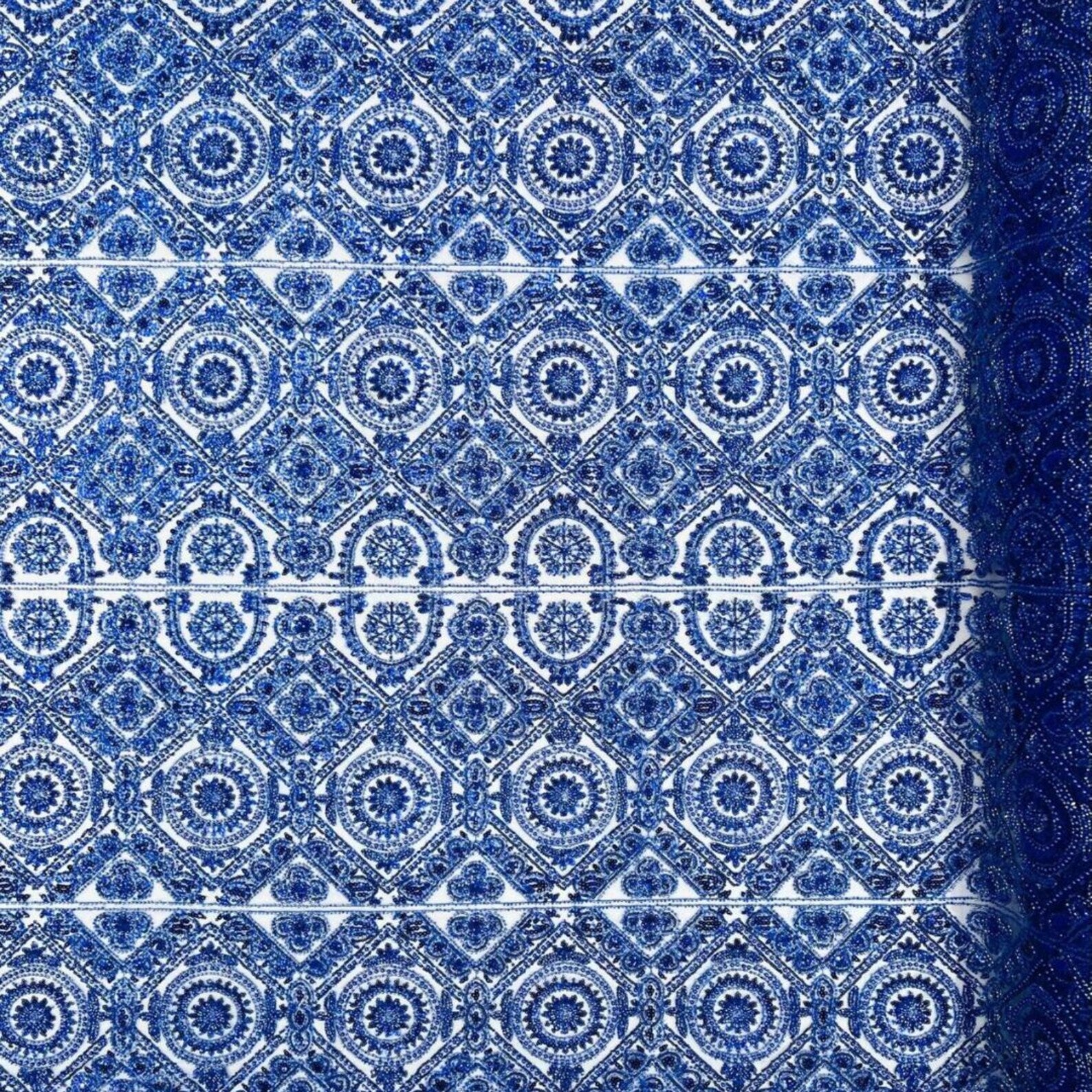 Luxurious Design Lace - Royal - Geometric Beaded Design with Embroidered Sequins and Beads On a Mesh Lace Fabric By The Yard