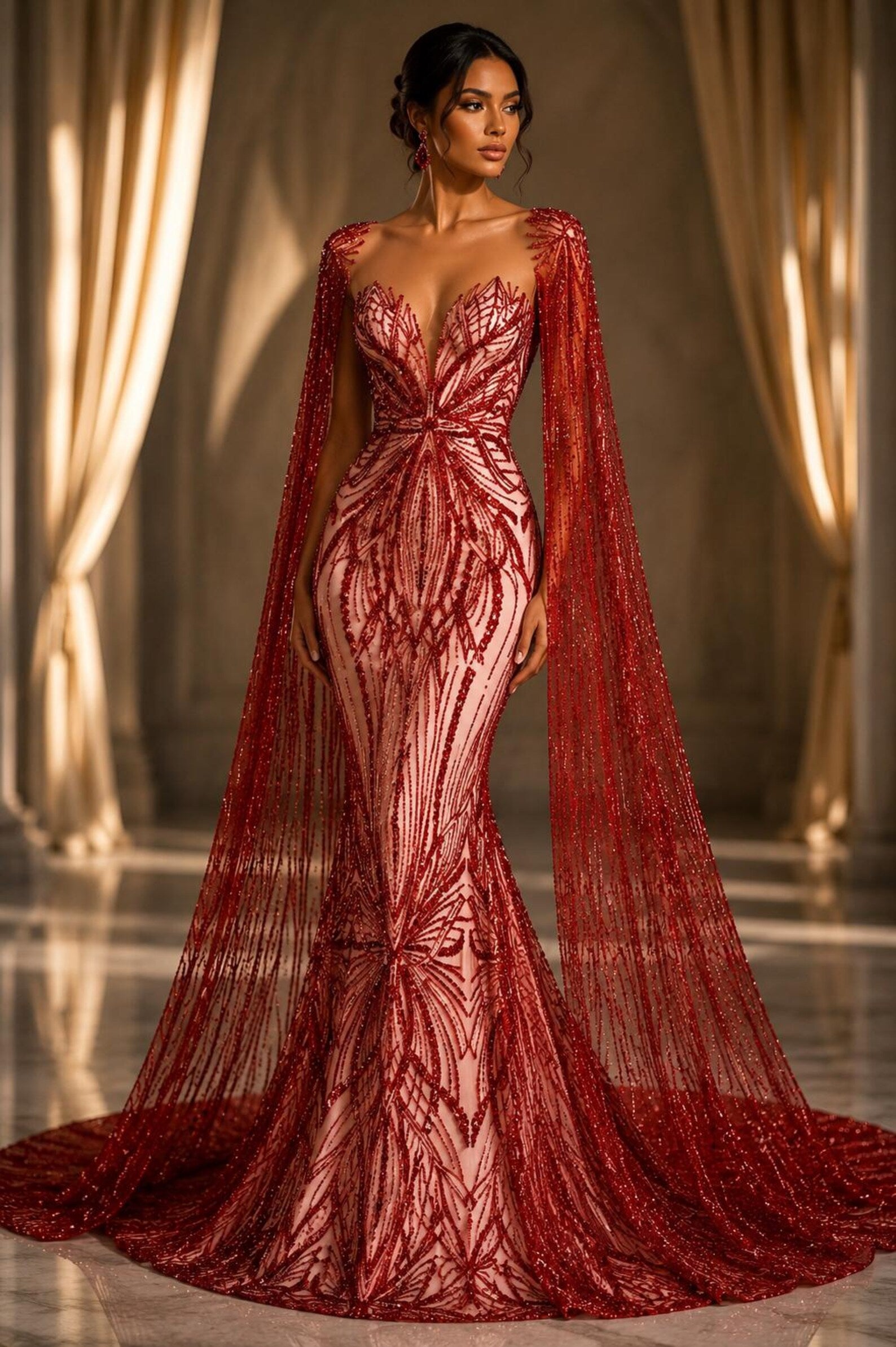 RED - Luxurious Design Lace - Beaded Design with Embroidered Sequins and Beads On a Mesh Lace Fabric By The Yard
