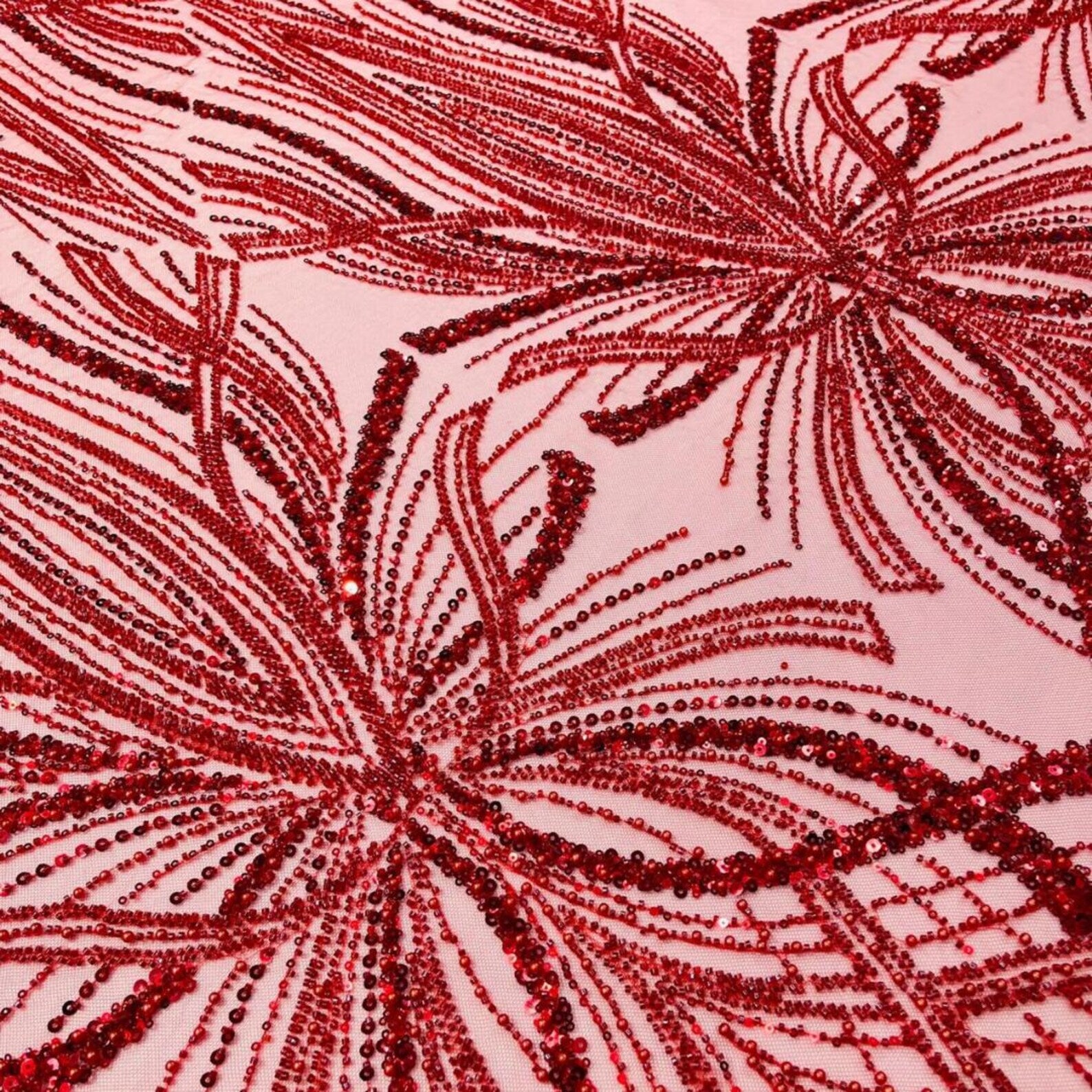 RED - Luxurious Design Lace - Beaded Design with Embroidered Sequins and Beads On a Mesh Lace Fabric By The Yard