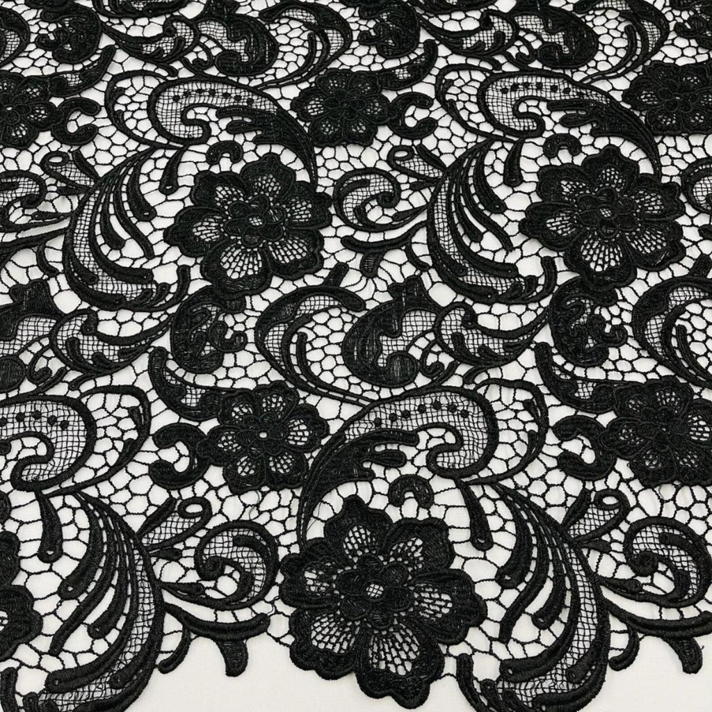 Floral Guipure Lace Fabric - BLACK - Bridal Wedding Dress Lace a Mesh Fabric for Prom Dress. Sold By The Yard
