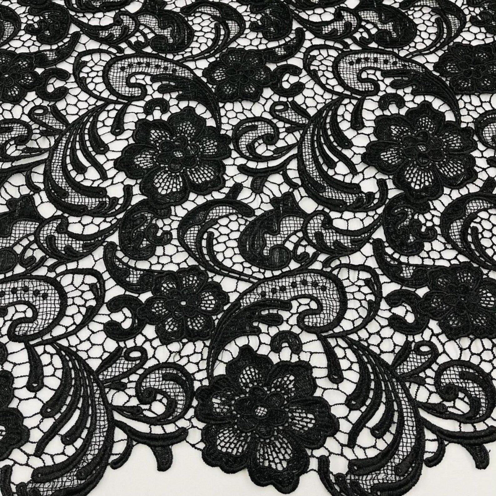 Floral Guipure Lace Fabric - BLACK - Bridal Wedding Dress Lace a Mesh Fabric for Prom Dress. Sold By The Yard