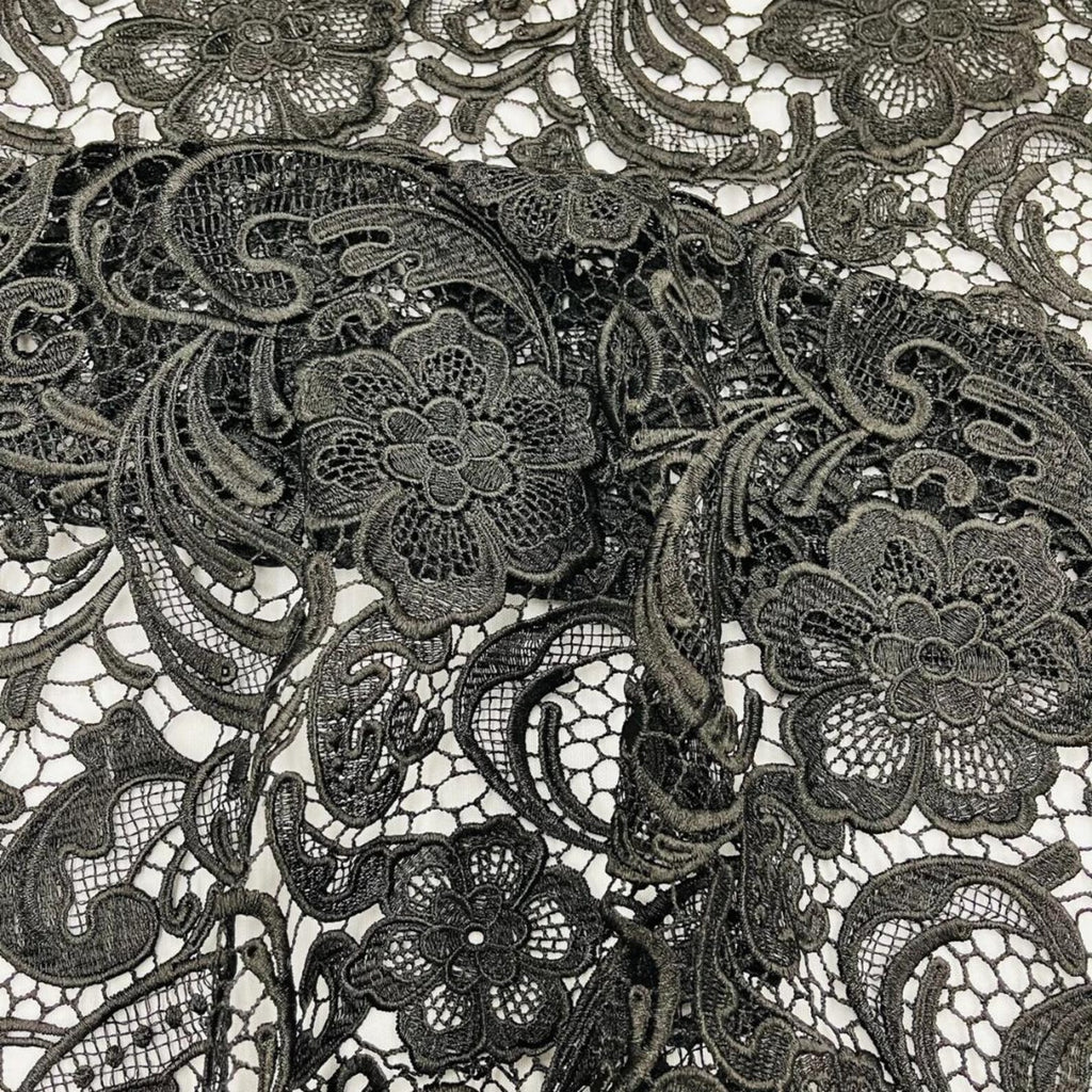 Floral Guipure Lace Fabric - BLACK - Bridal Wedding Dress Lace a Mesh Fabric for Prom Dress. Sold By The Yard