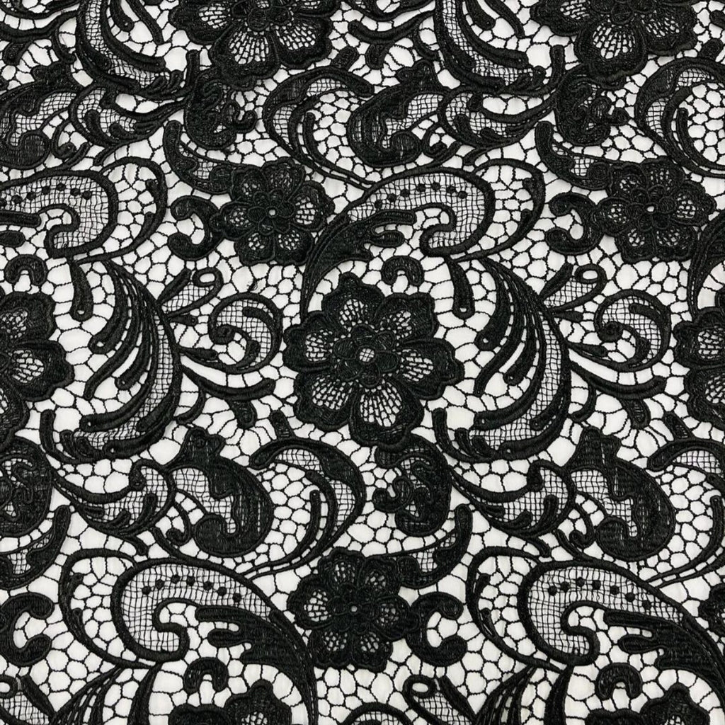 Floral Guipure Lace Fabric - BLACK - Bridal Wedding Dress Lace a Mesh Fabric for Prom Dress. Sold By The Yard