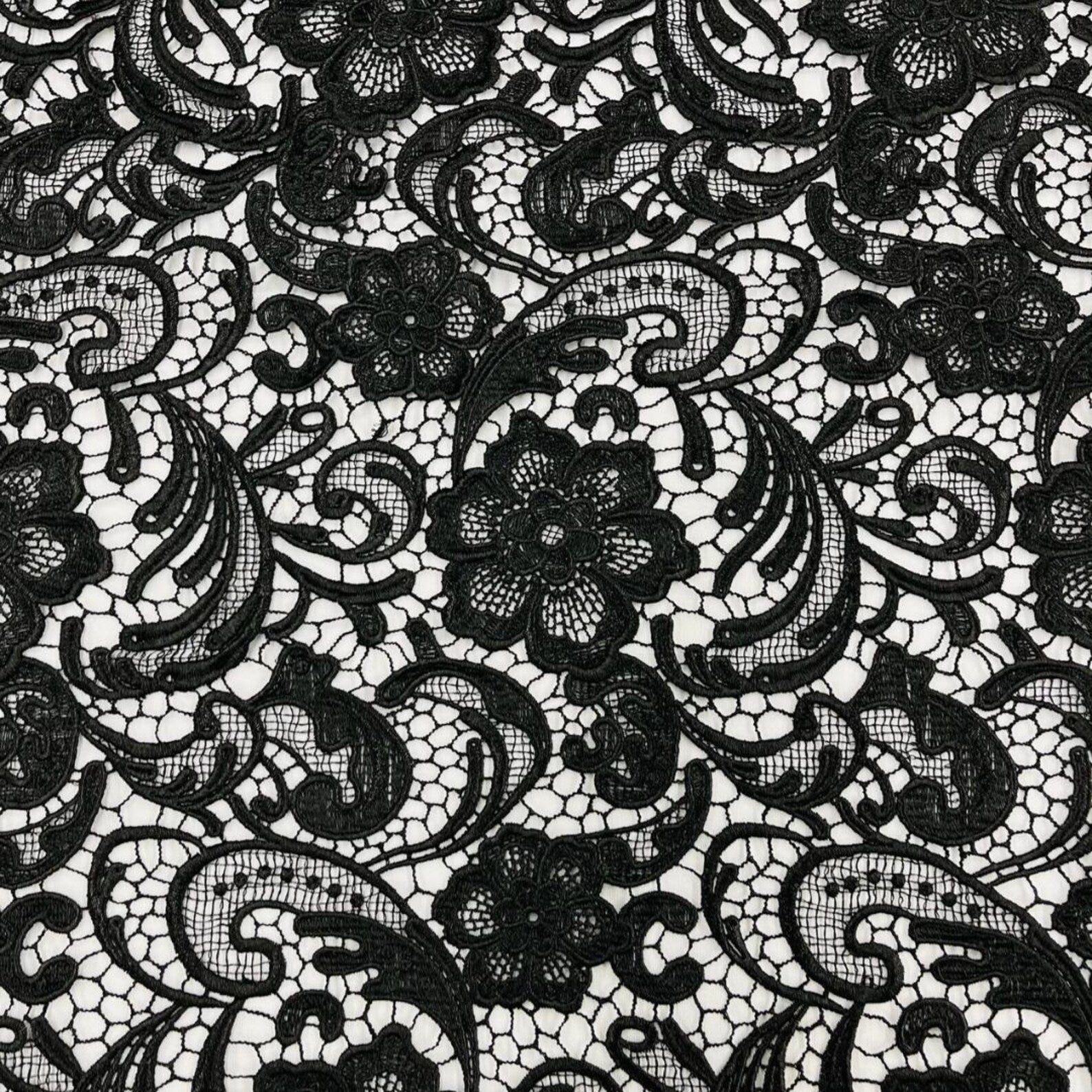 Floral Guipure Lace Fabric - BLACK - Bridal Wedding Dress Lace a Mesh Fabric for Prom Dress. Sold By The Yard