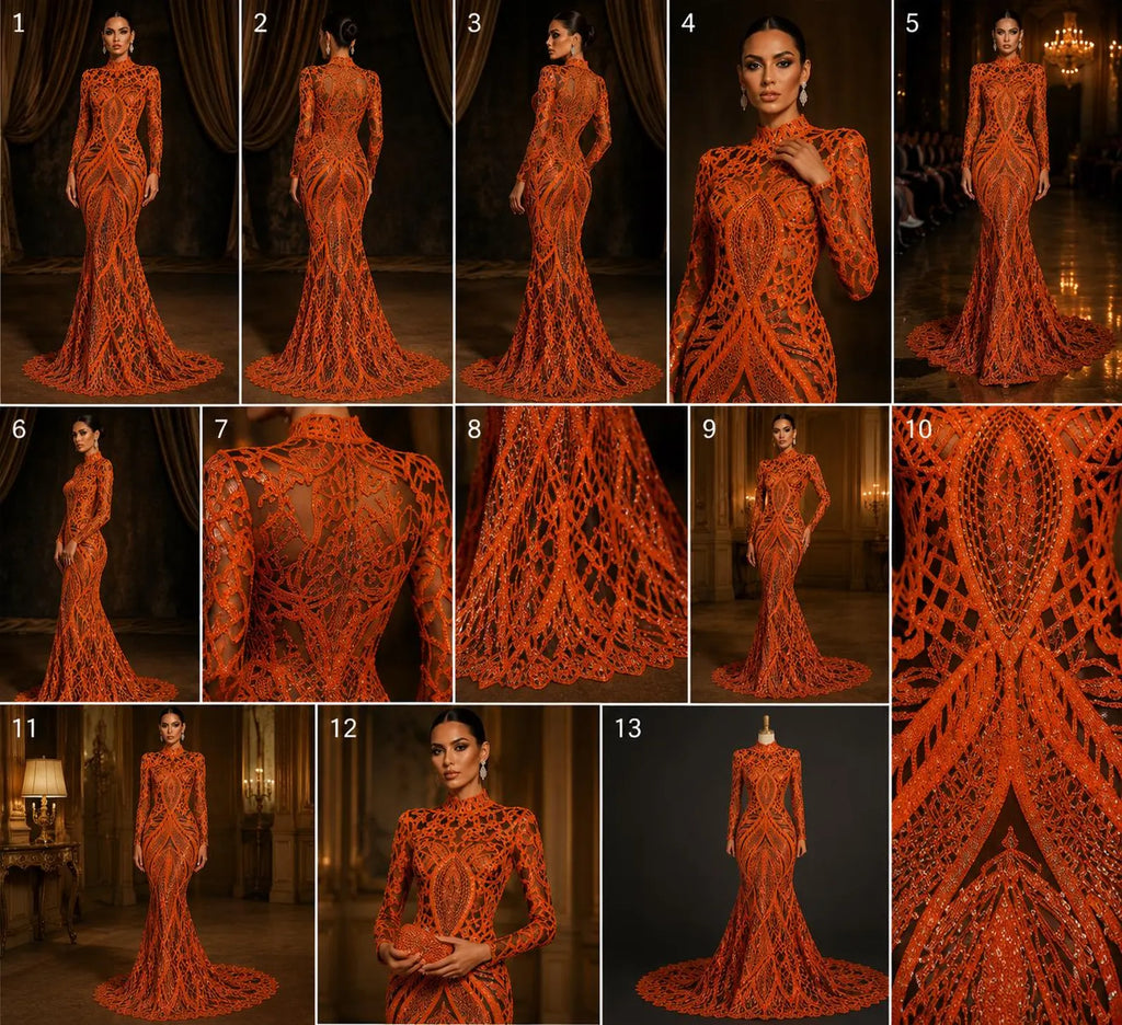Neon Orange/Black - Marvelous Mermaid Luxury Shiny Sequin 4-Way Stretch Mesh Fabric – Prom & Evening Dress Material By The Yard.