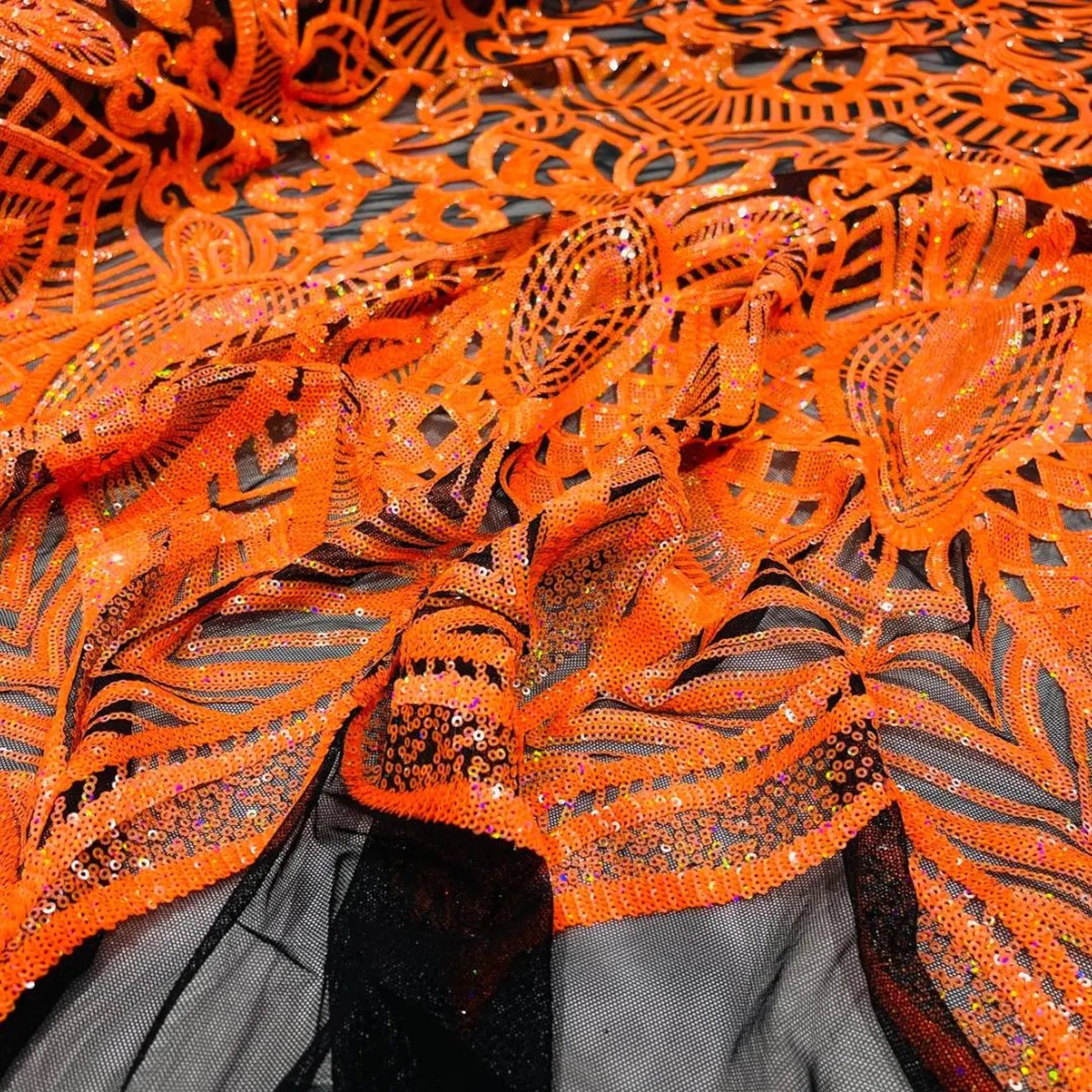 Neon Orange/Black - Marvelous Mermaid Luxury Shiny Sequin 4-Way Stretch Mesh Fabric – Prom & Evening Dress Material By The Yard.