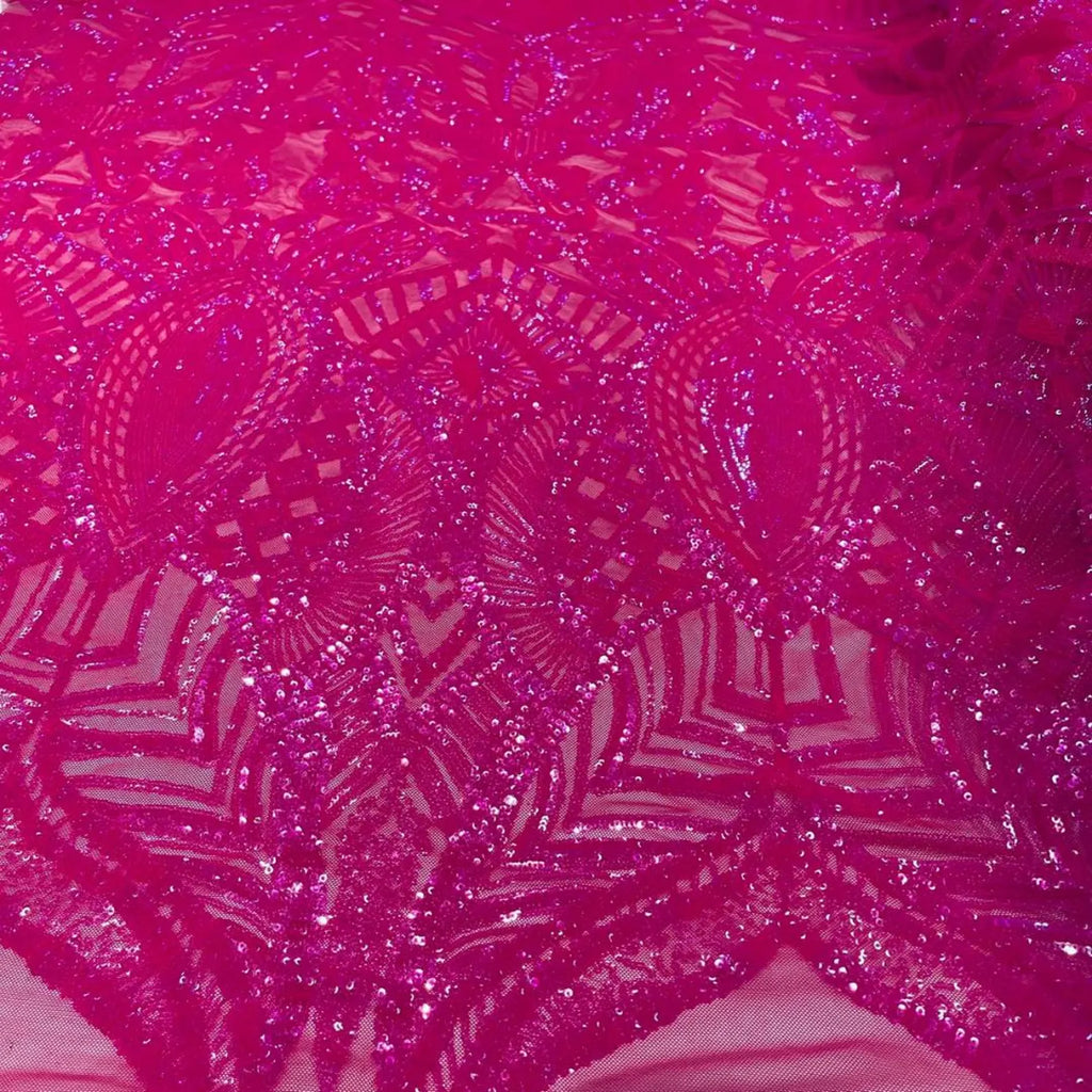 Neon Fuchsia - Marvelous Mermaid Luxury Shiny Sequin 4-Way Stretch Mesh Fabric – Prom & Evening Dress Material By The Yard.