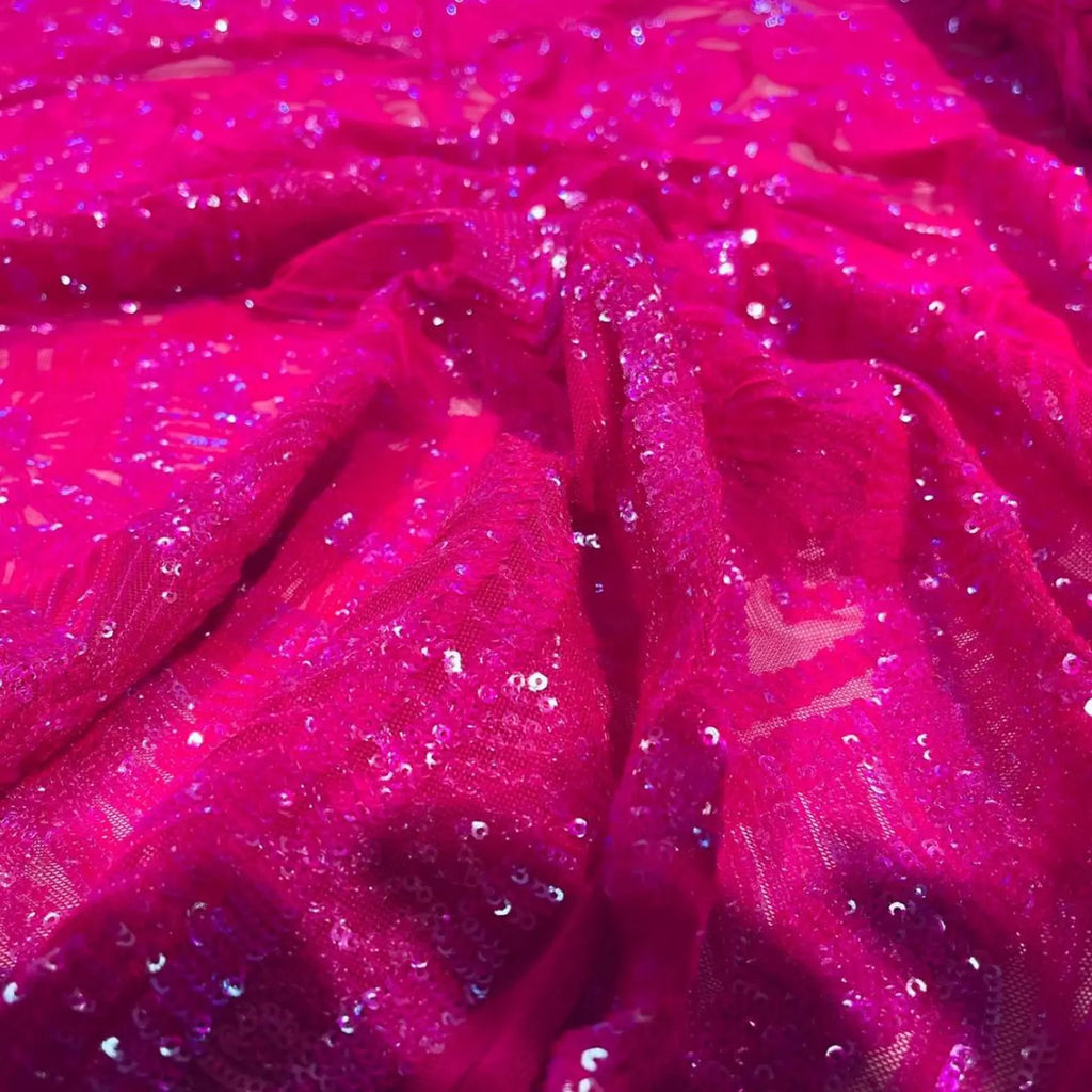 Neon Fuchsia - Marvelous Mermaid Luxury Shiny Sequin 4-Way Stretch Mesh Fabric – Prom & Evening Dress Material By The Yard.