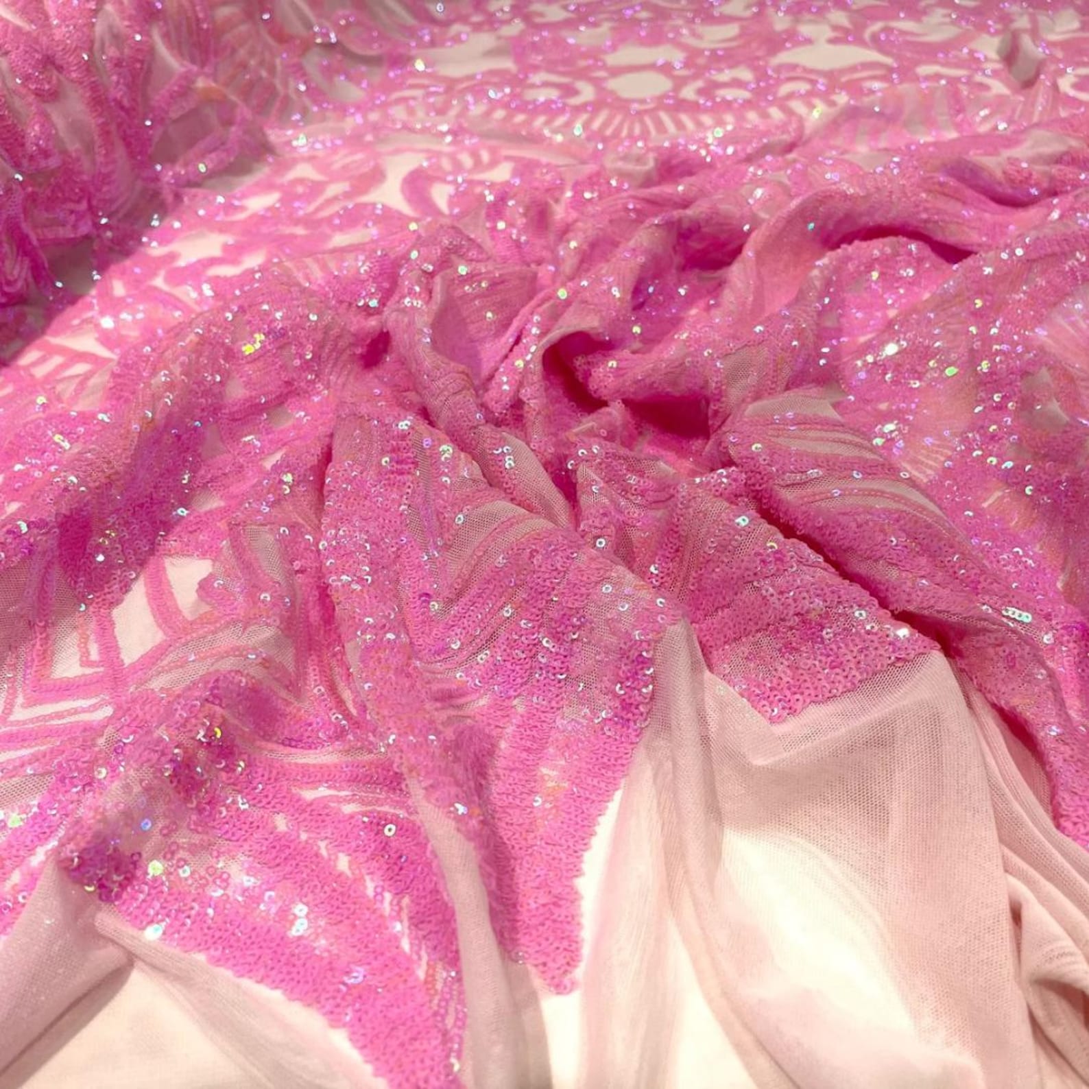 Candy Pink - Marvelous Mermaid Luxury Shiny Sequin 4-Way Stretch Mesh Fabric – Prom & Evening Dress Material By The Yard.
