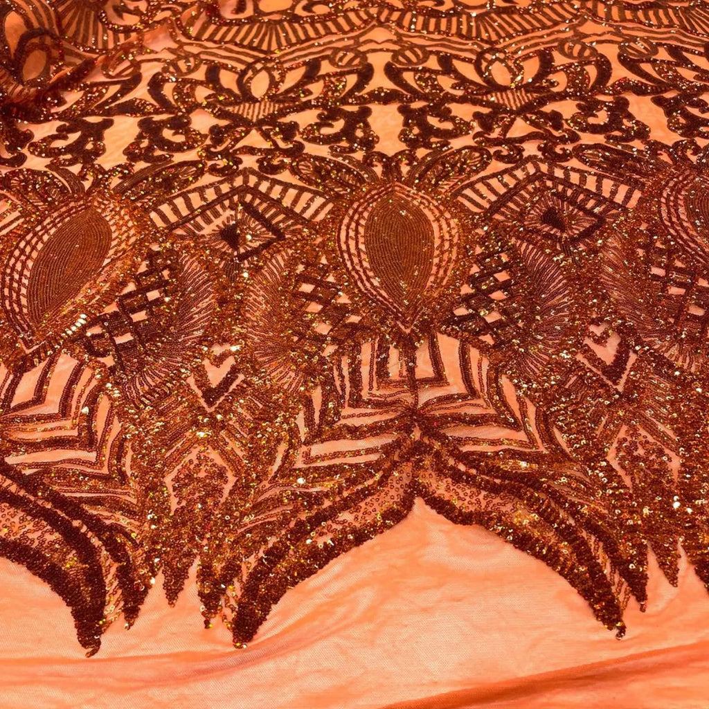 Burnt Orange - Marvelous Mermaid Luxury Shiny Sequin 4-Way Stretch Mesh Fabric – Prom & Evening Dress Material By The Yard.