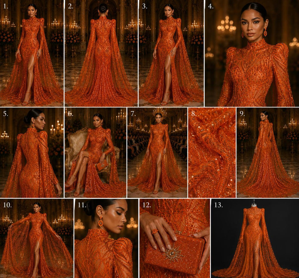 Orange - Marvelous Mermaid Luxury Shiny Sequin 4-Way Stretch Mesh Fabric – Prom & Evening Dress Material By The Yard.
