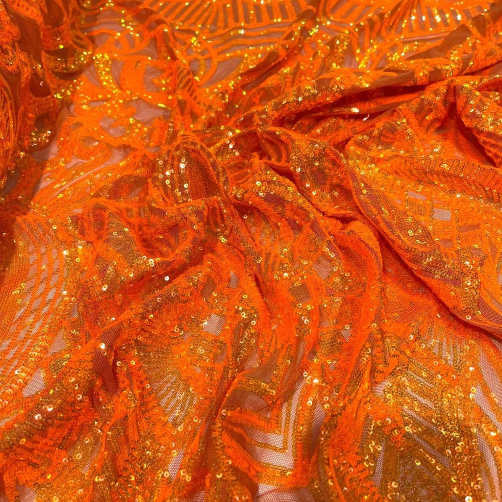 Orange - Marvelous Mermaid Luxury Shiny Sequin 4-Way Stretch Mesh Fabric – Prom & Evening Dress Material By The Yard.