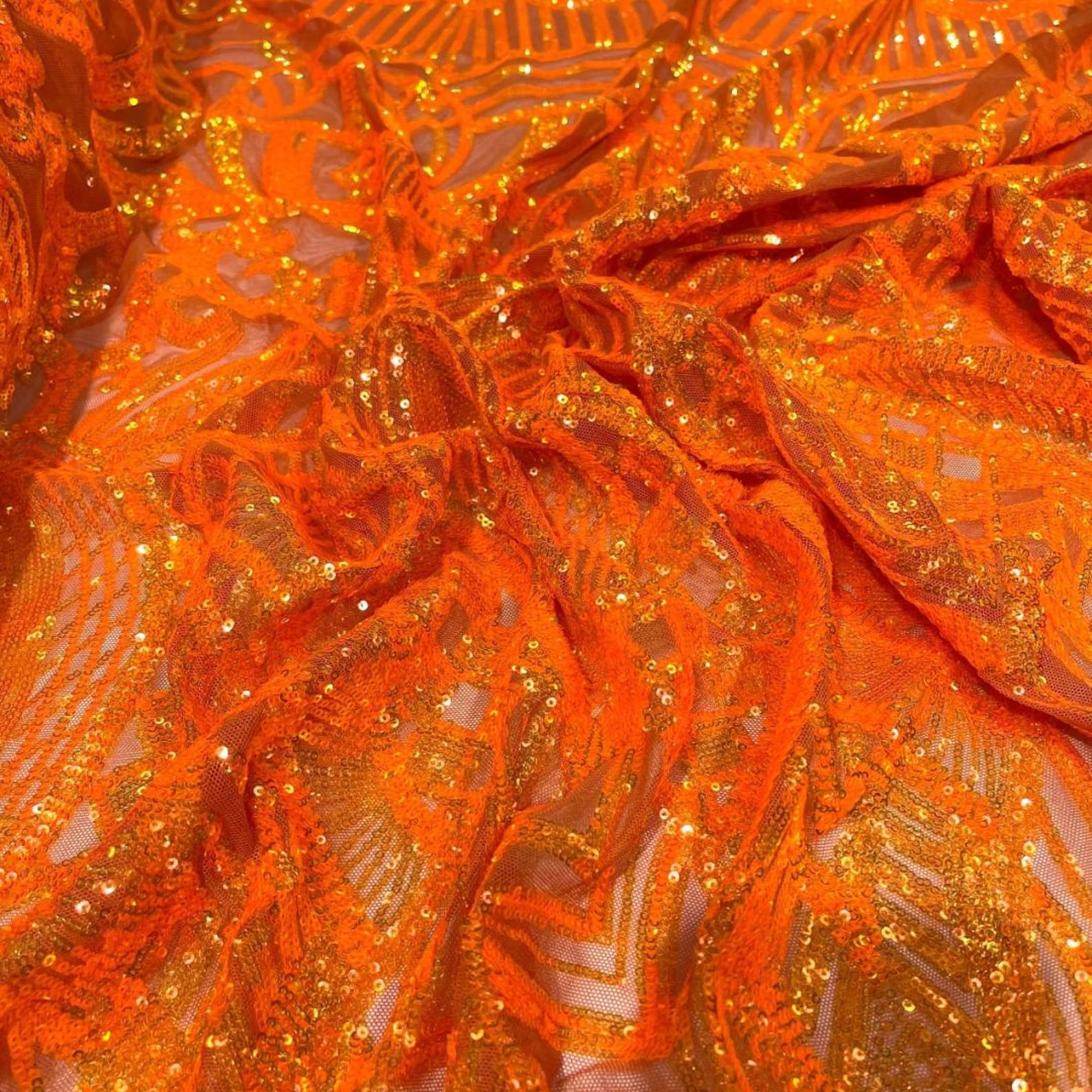 Orange - Marvelous Mermaid Luxury Shiny Sequin 4-Way Stretch Mesh Fabric – Prom & Evening Dress Material By The Yard.