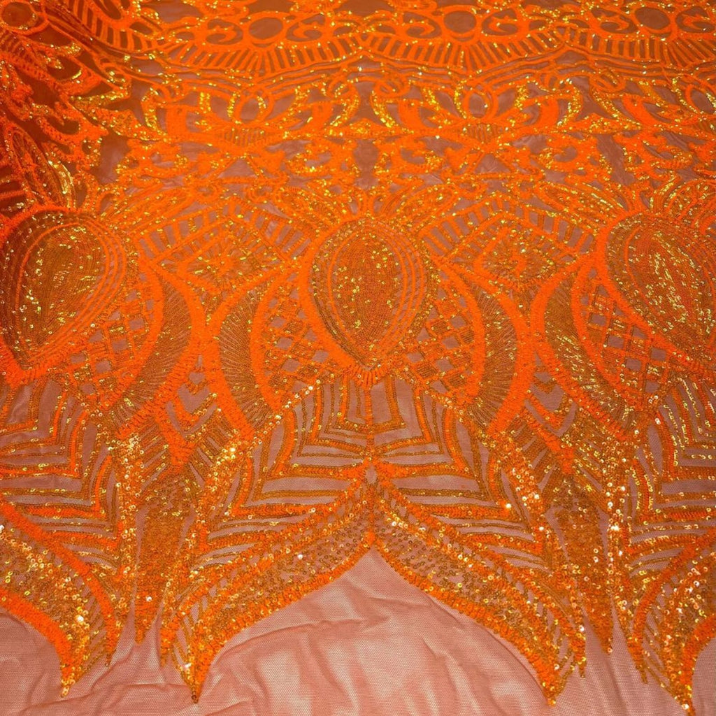 Orange - Marvelous Mermaid Luxury Shiny Sequin 4-Way Stretch Mesh Fabric – Prom & Evening Dress Material By The Yard.