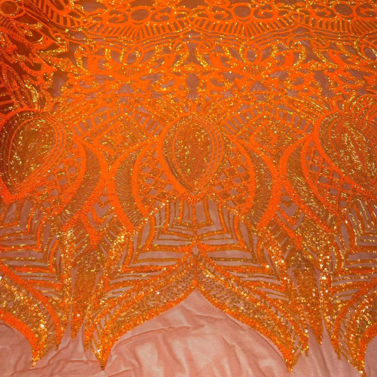 Orange - Marvelous Mermaid Luxury Shiny Sequin 4-Way Stretch Mesh Fabric – Prom & Evening Dress Material By The Yard.