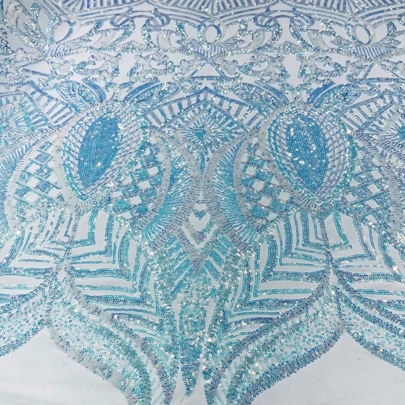 Clear Aqua - Marvelous Mermaid Luxury Shiny Sequin 4-Way Stretch Mesh Fabric – Prom & Evening Dress Material By The Yard.