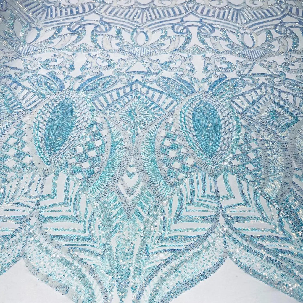 Clear Aqua - Marvelous Mermaid Luxury Shiny Sequin 4-Way Stretch Mesh Fabric – Prom & Evening Dress Material By The Yard.