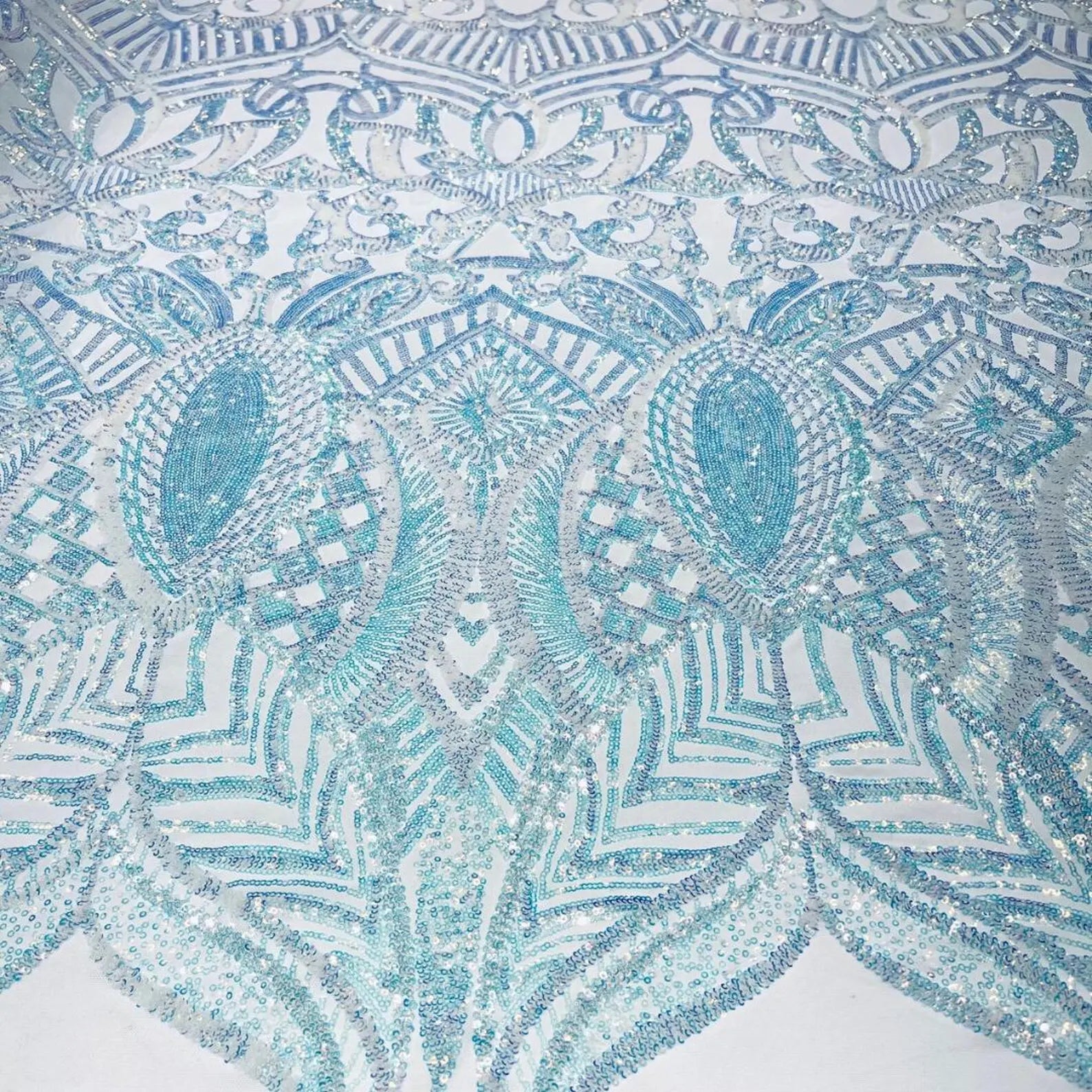 Clear Aqua - Marvelous Mermaid Luxury Shiny Sequin 4-Way Stretch Mesh Fabric – Prom & Evening Dress Material By The Yard.