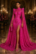 Hot Pink - Marvelous Mermaid Luxury Shiny Sequin 4-Way Stretch Mesh Fabric – Prom & Evening Dress Material By The Yard.