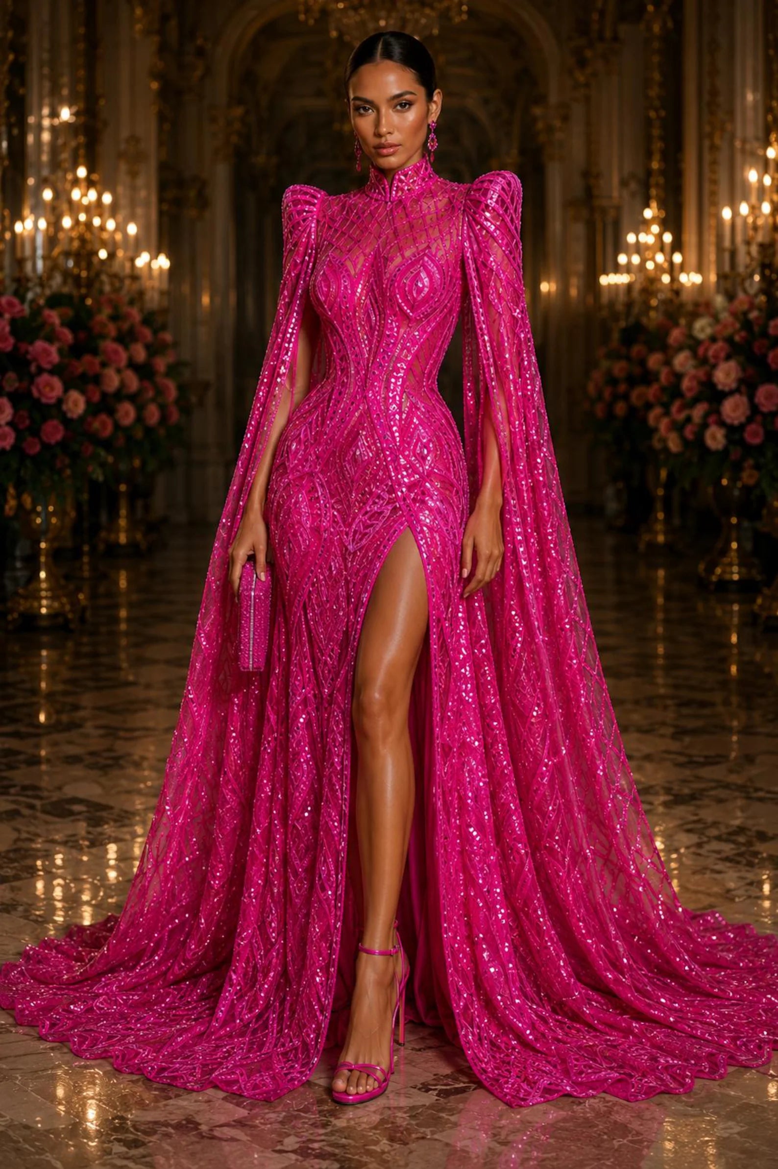 Hot Pink - Marvelous Mermaid Luxury Shiny Sequin 4-Way Stretch Mesh Fabric – Prom & Evening Dress Material By The Yard.