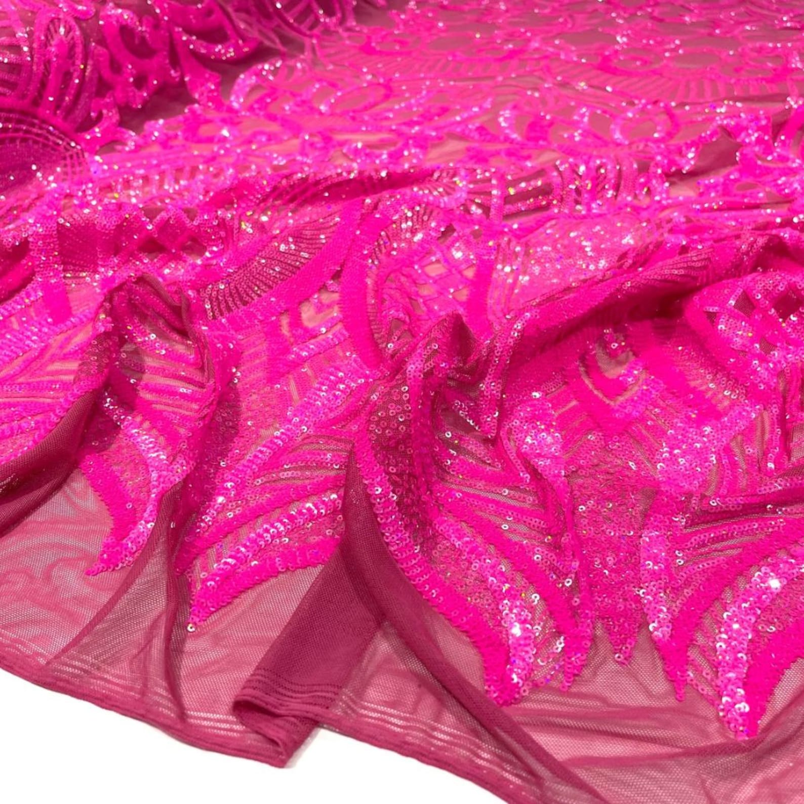 Hot Pink - Marvelous Mermaid Luxury Shiny Sequin 4-Way Stretch Mesh Fabric – Prom & Evening Dress Material By The Yard.