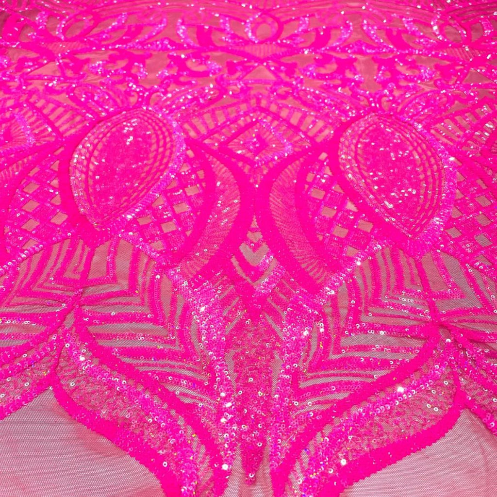 Hot Pink - Marvelous Mermaid Luxury Shiny Sequin 4-Way Stretch Mesh Fabric – Prom & Evening Dress Material By The Yard.