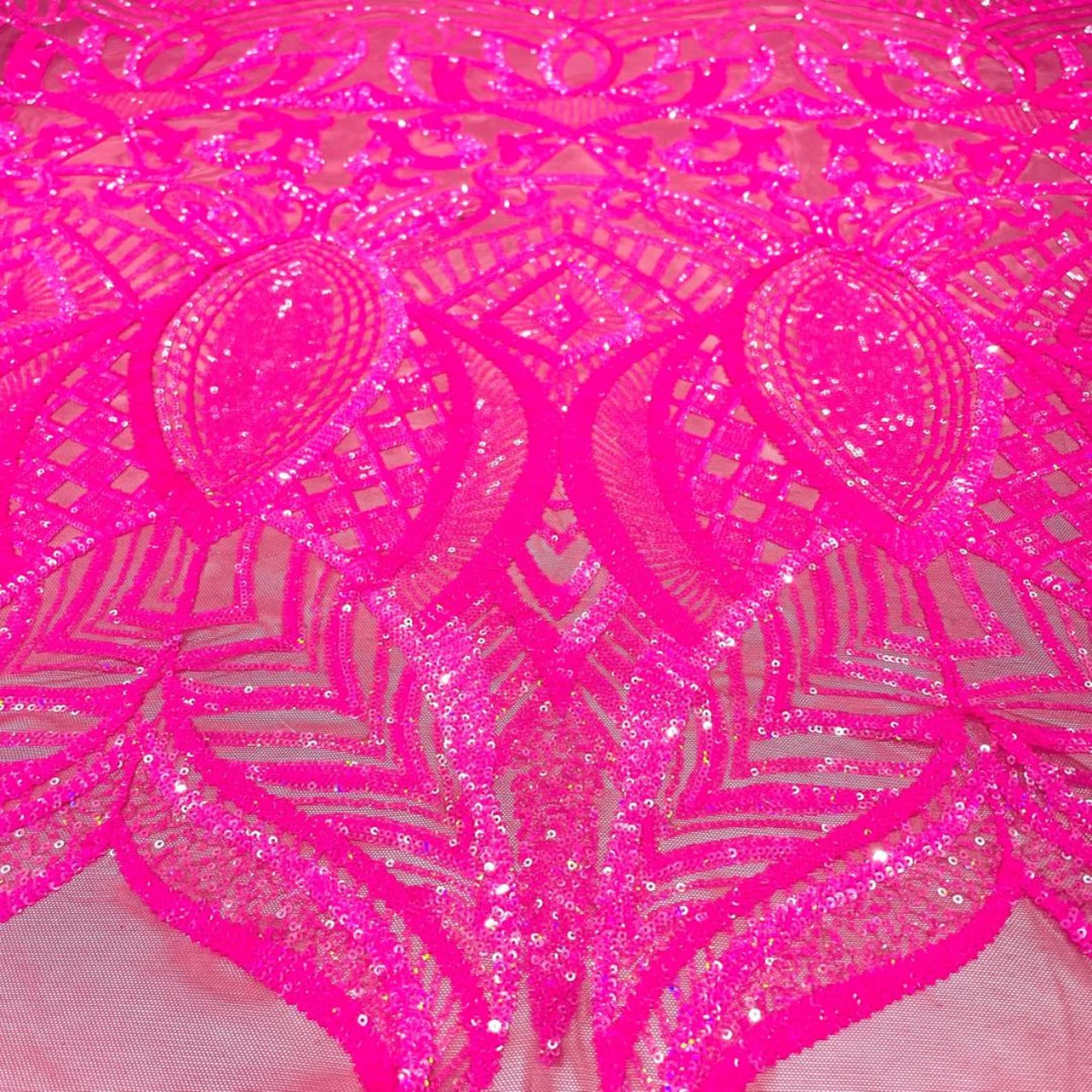 Hot Pink - Marvelous Mermaid Luxury Shiny Sequin 4-Way Stretch Mesh Fabric – Prom & Evening Dress Material By The Yard.