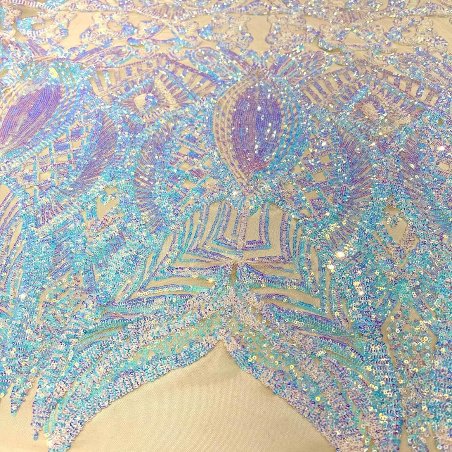 Clear Aqua Nude - Marvelous Mermaid Luxury Shiny Sequin 4-Way Stretch Mesh Fabric – Prom & Evening Dress Material By The Yard.