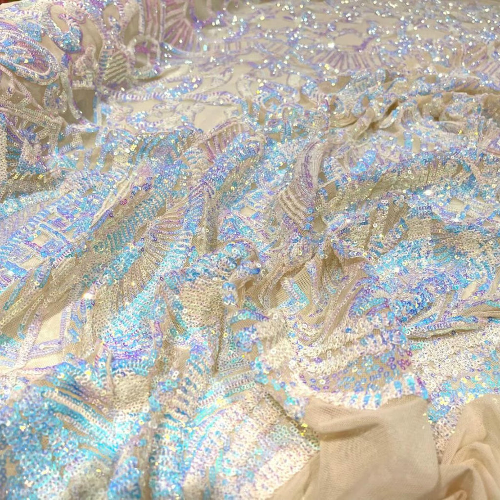 Clear Aqua Nude - Marvelous Mermaid Luxury Shiny Sequin 4-Way Stretch Mesh Fabric – Prom & Evening Dress Material By The Yard.