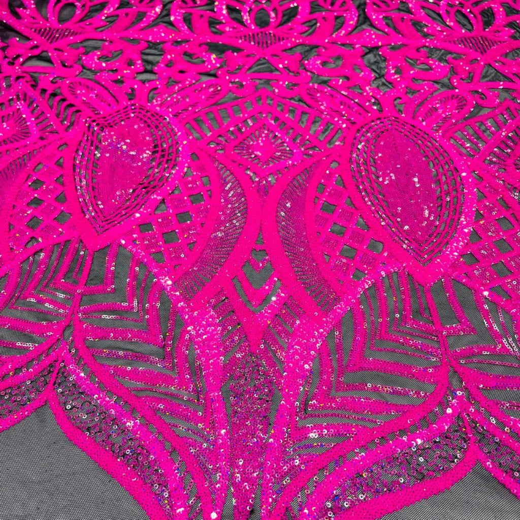 Neon Pink Black - Marvelous Mermaid Luxury Shiny Sequin 4-Way Stretch Mesh Fabric – Prom & Evening Dress Material By The Yard.