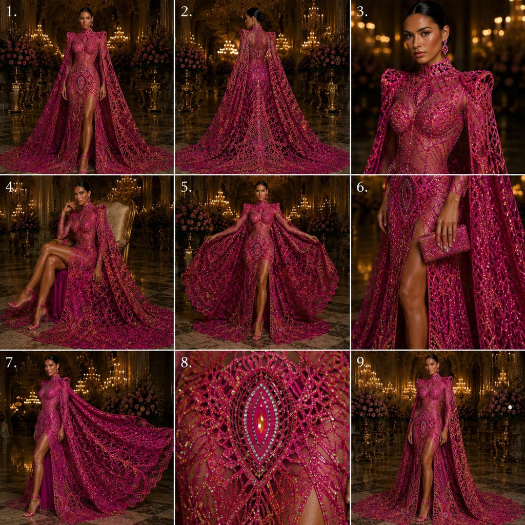 Fuchsia/Gold/Black - Marvelous Mermaid Luxury Shiny Sequin 4-Way Stretch Mesh Fabric – Prom & Evening Dress Material By The Yard.