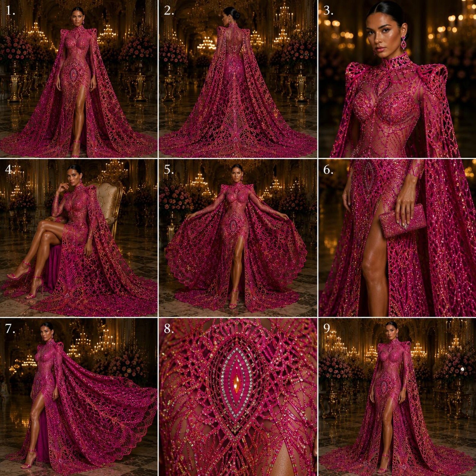 Fuchsia/Gold/Black - Marvelous Mermaid Luxury Shiny Sequin 4-Way Stretch Mesh Fabric – Prom & Evening Dress Material By The Yard.