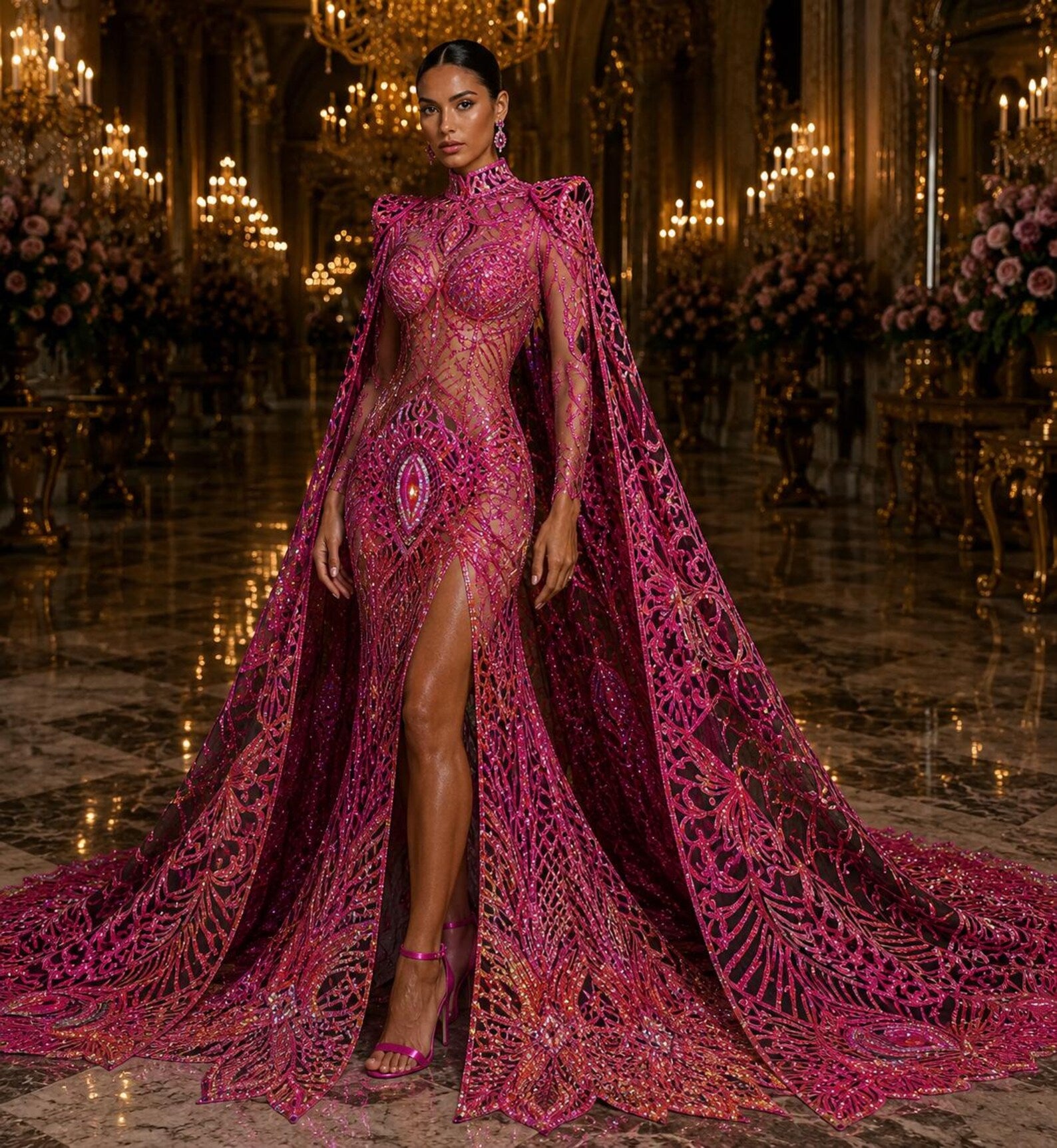 Fuchsia/Gold/Black - Marvelous Mermaid Luxury Shiny Sequin 4-Way Stretch Mesh Fabric – Prom & Evening Dress Material By The Yard.
