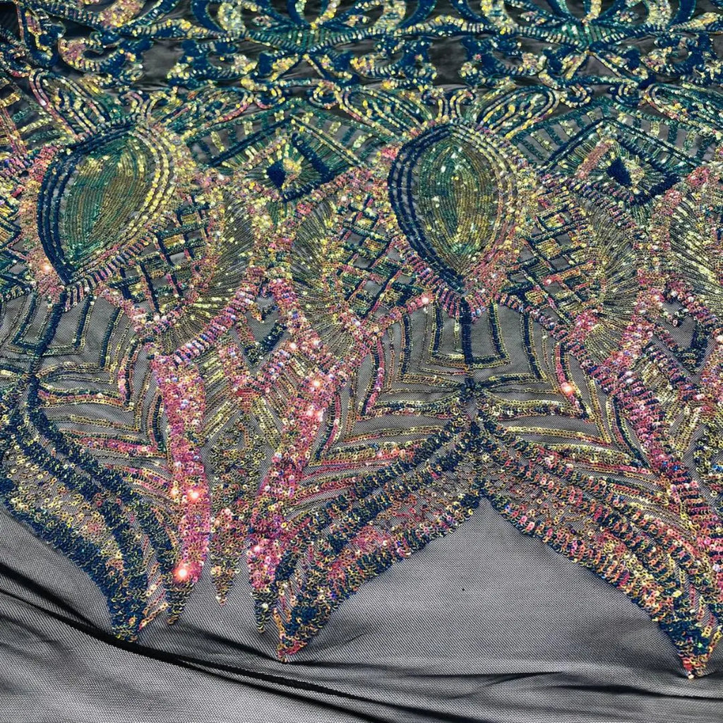 Rainbow Black - Marvelous Mermaid Luxury Shiny Sequin 4-Way Stretch Mesh Fabric – Prom & Evening Dress Material By The Yard.