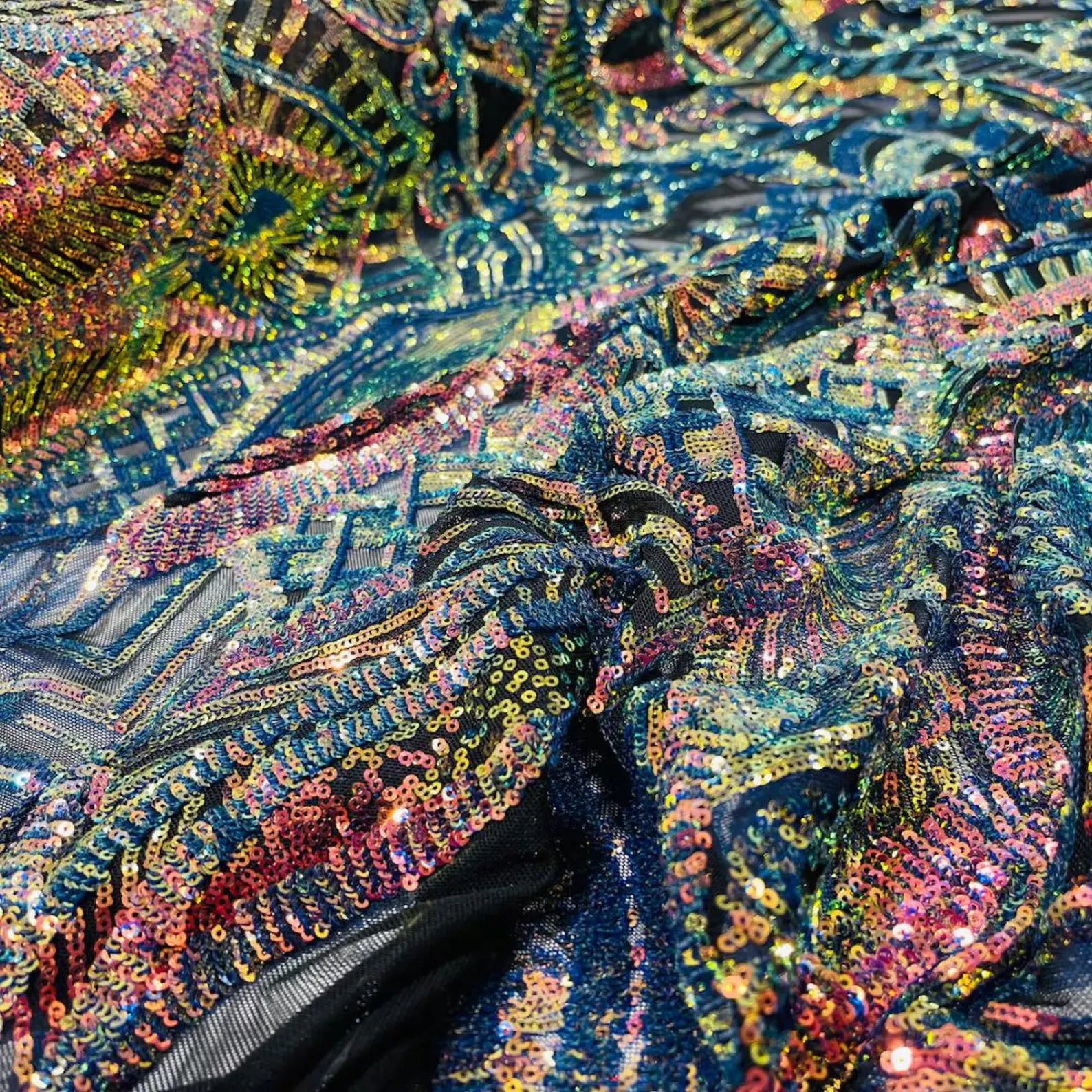 Rainbow Black - Marvelous Mermaid Luxury Shiny Sequin 4-Way Stretch Mesh Fabric – Prom & Evening Dress Material By The Yard.