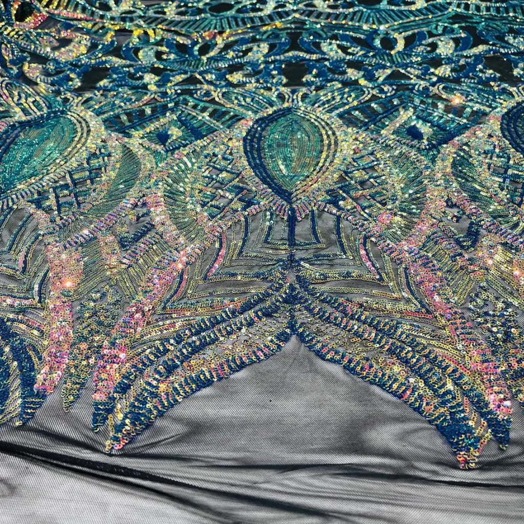 Rainbow Black - Marvelous Mermaid Luxury Shiny Sequin 4-Way Stretch Mesh Fabric – Prom & Evening Dress Material By The Yard.