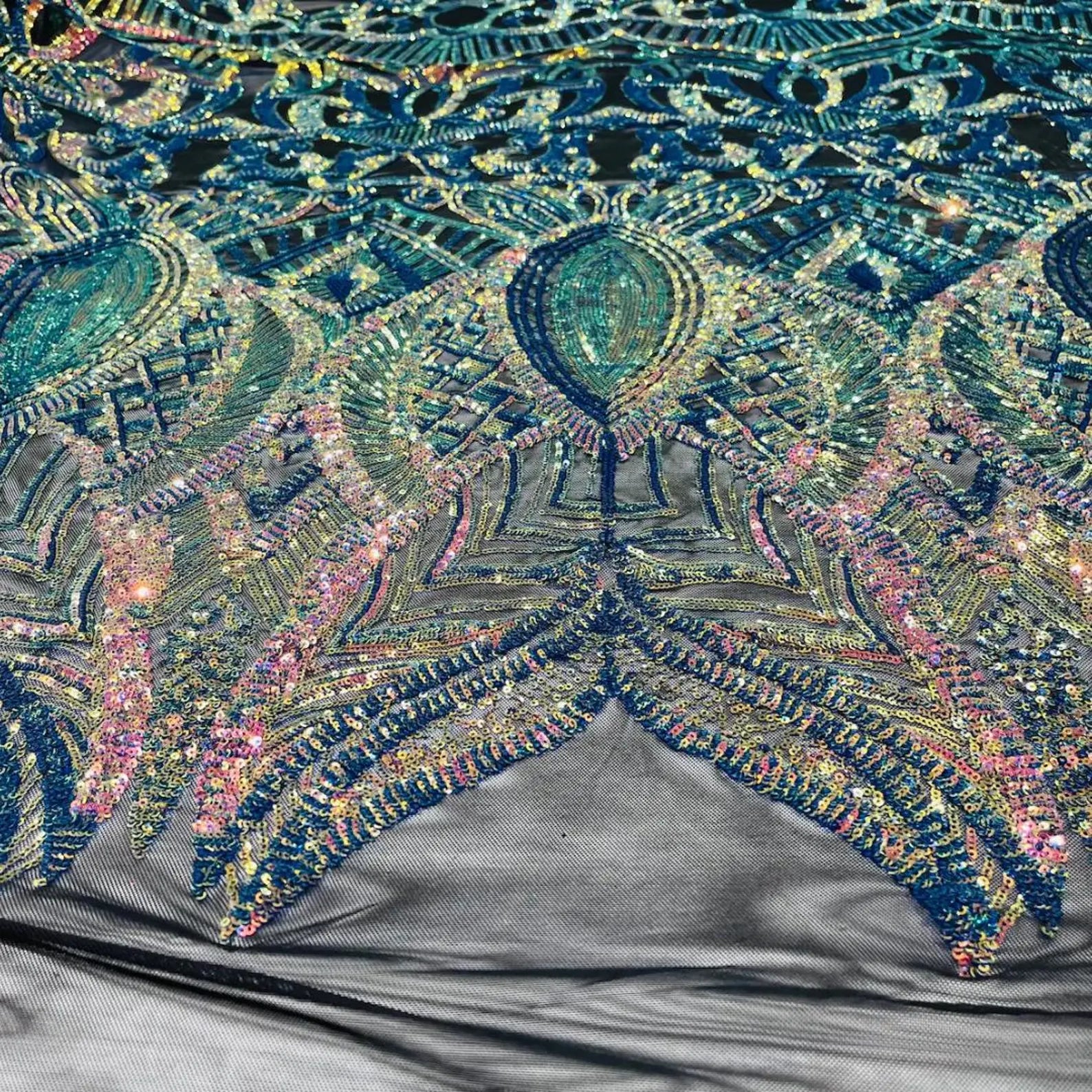 Rainbow Black - Marvelous Mermaid Luxury Shiny Sequin 4-Way Stretch Mesh Fabric – Prom & Evening Dress Material By The Yard.