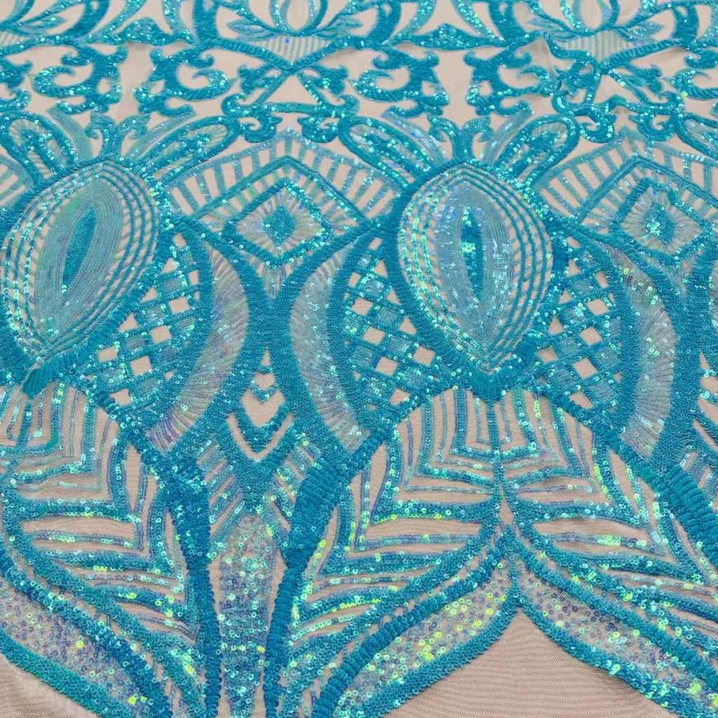 Mint/Aqua - Marvelous Mermaid Luxury Shiny Sequin 4-Way Stretch Mesh Fabric – Prom & Evening Dress Material By The Yard.