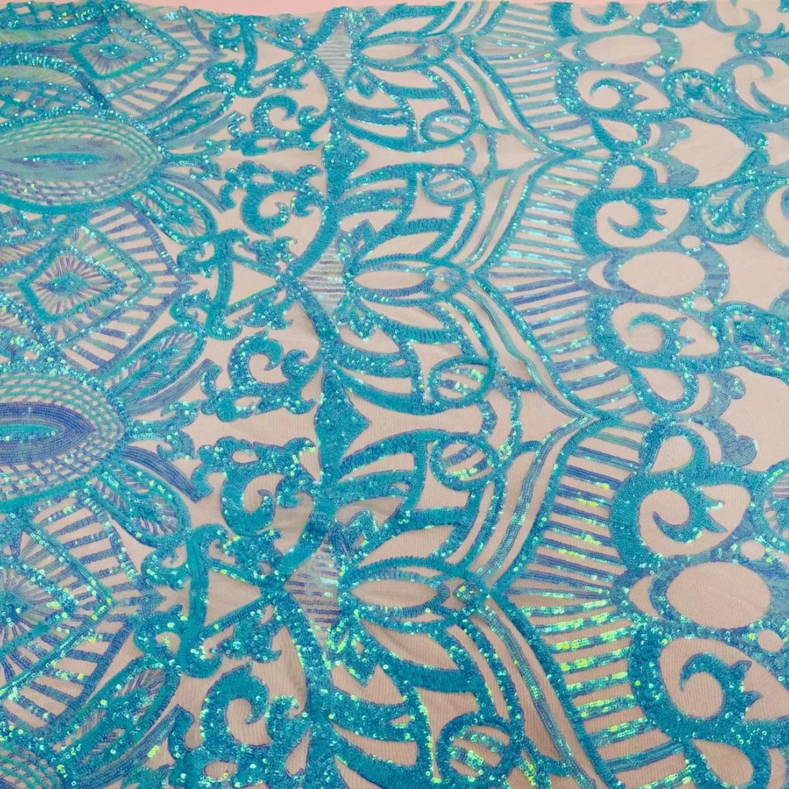 Mint/Aqua - Marvelous Mermaid Luxury Shiny Sequin 4-Way Stretch Mesh Fabric – Prom & Evening Dress Material By The Yard.