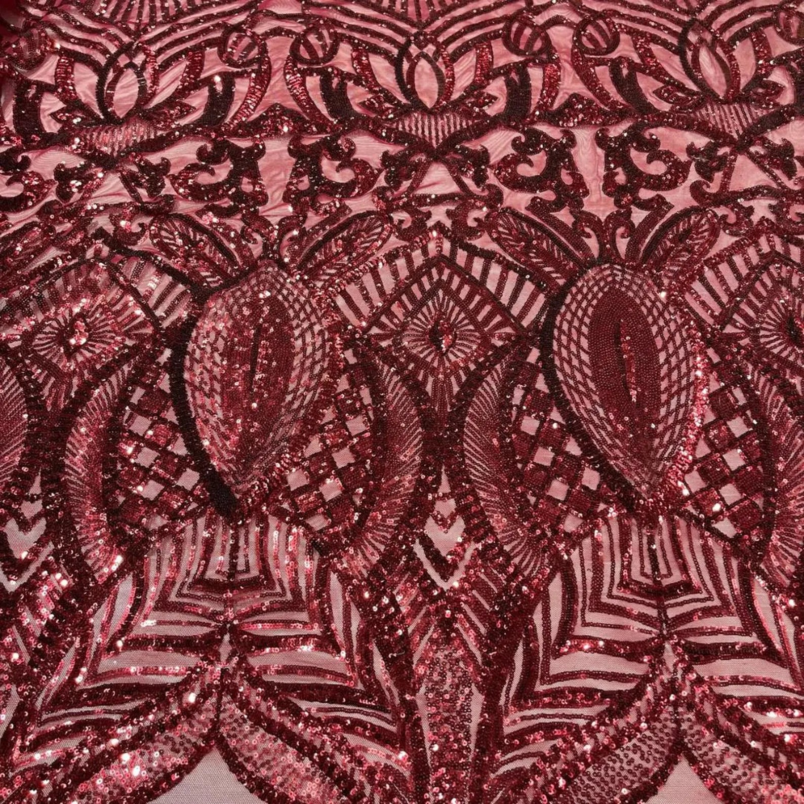Burgundy - Marvelous Mermaid Luxury Shiny Sequin 4-Way Stretch Mesh Fabric – Prom & Evening Dress Material By The Yard.