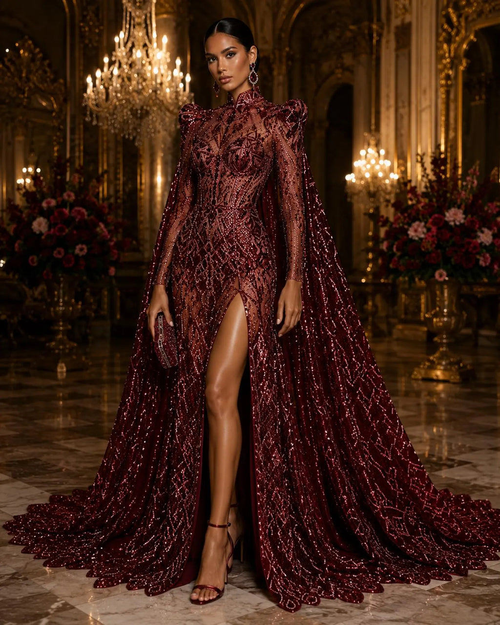 Burgundy - Marvelous Mermaid Luxury Shiny Sequin 4-Way Stretch Mesh Fabric – Prom & Evening Dress Material By The Yard.