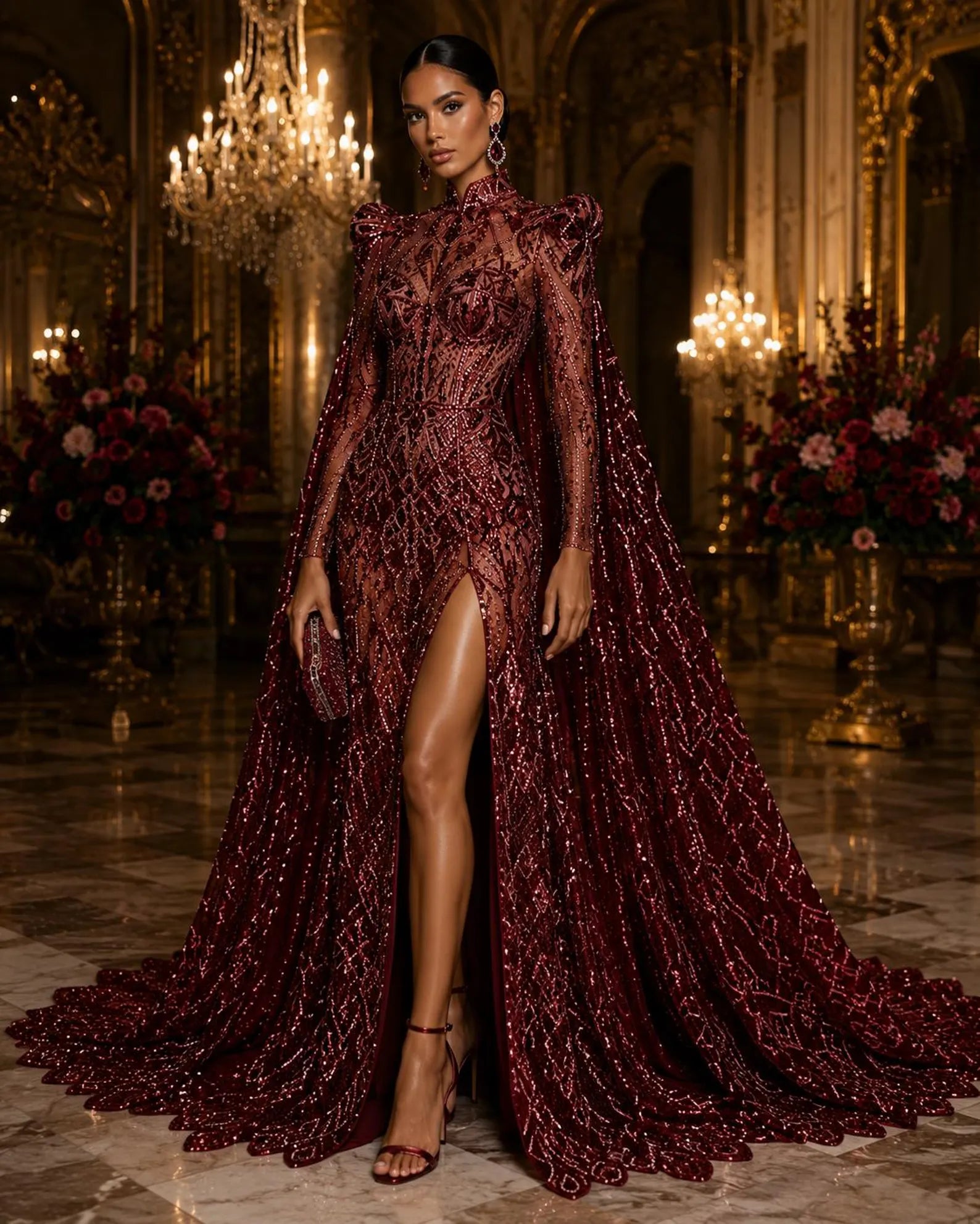 Burgundy - Marvelous Mermaid Luxury Shiny Sequin 4-Way Stretch Mesh Fabric – Prom & Evening Dress Material By The Yard.