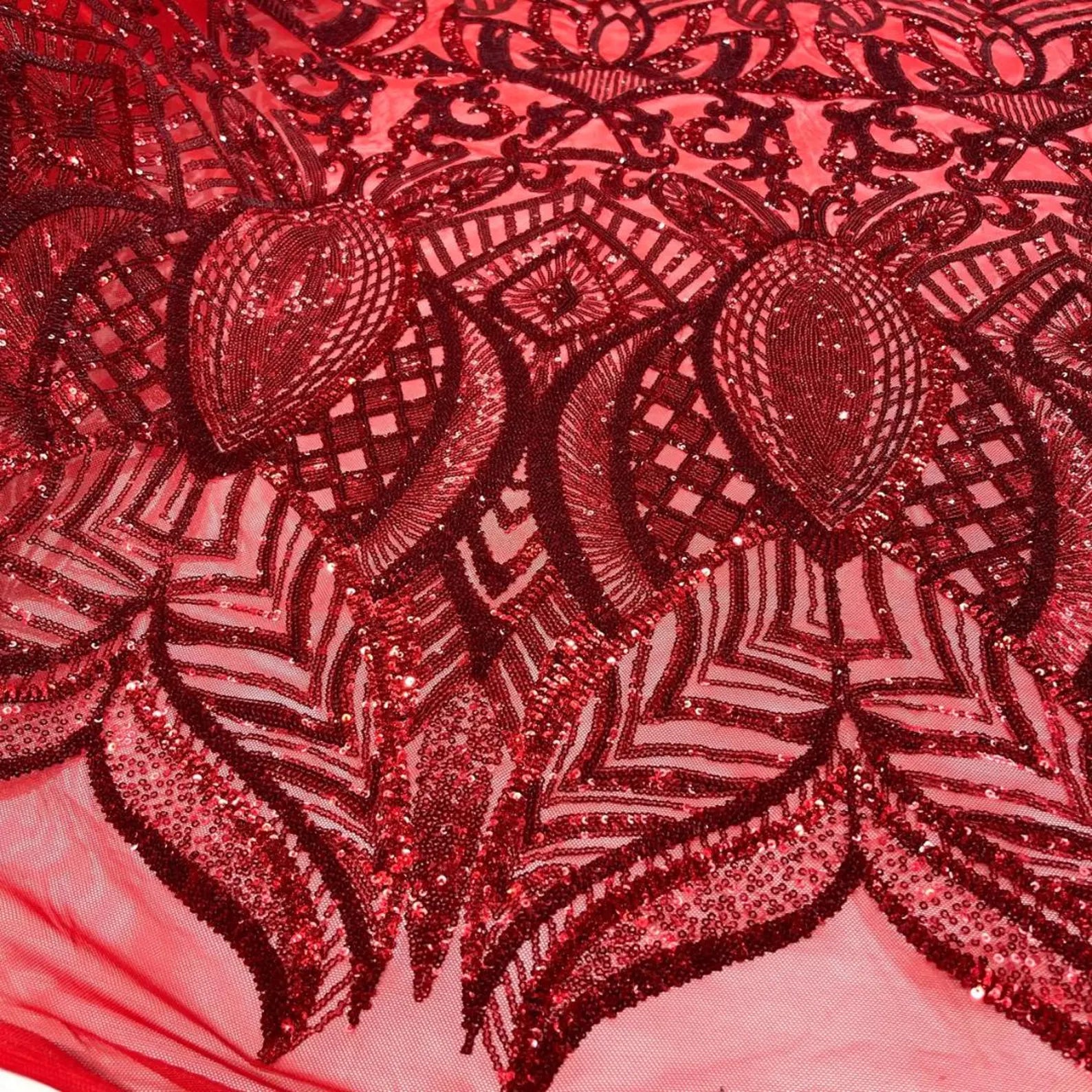 Red - Marvelous Mermaid Luxury Shiny Sequin 4-Way Stretch Mesh Fabric – Prom & Evening Dress Material By The Yard.