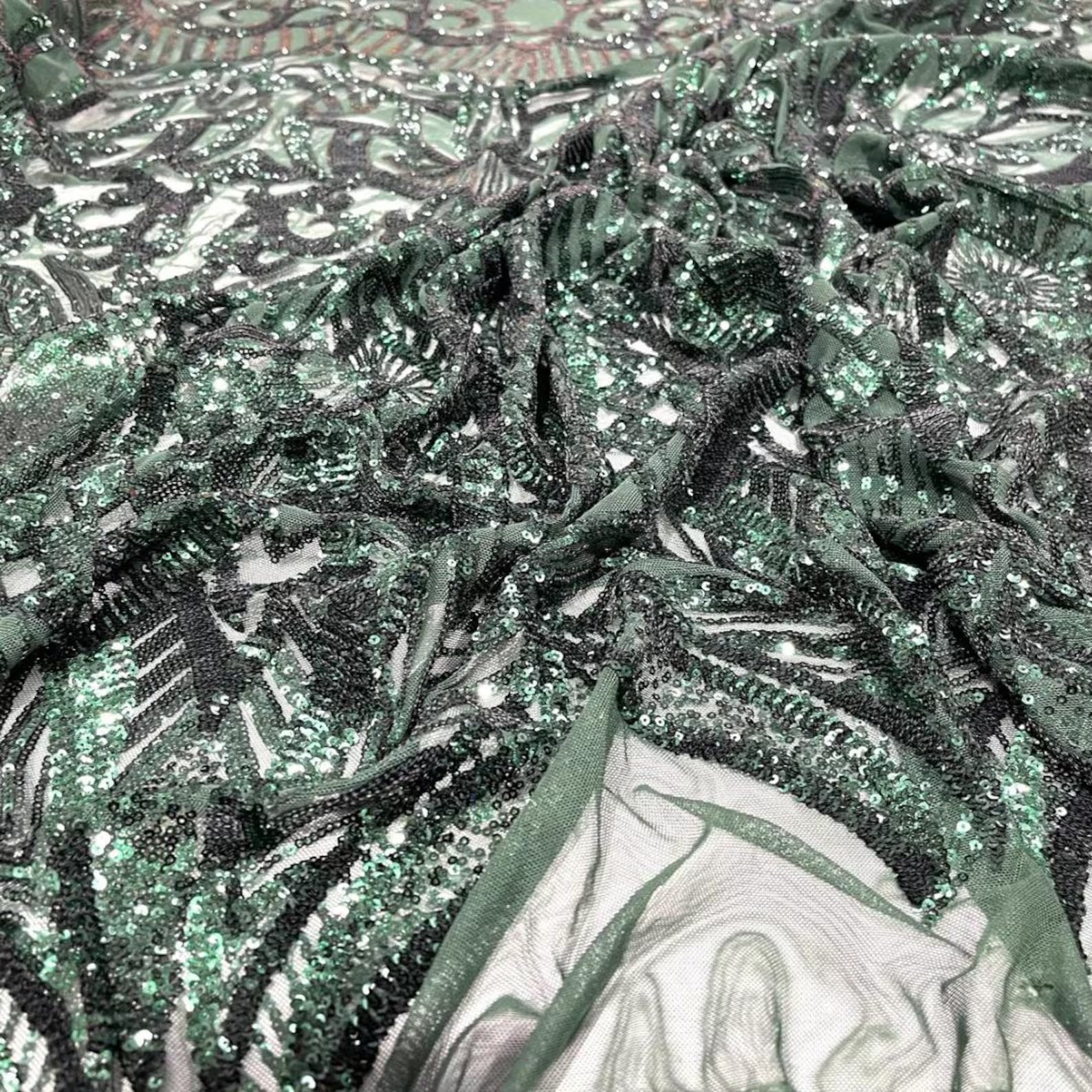 Hunter Green - Marvelous Mermaid Luxury Shiny Sequin 4-Way Stretch Mesh Fabric – Prom & Evening Dress Material By The Yard.