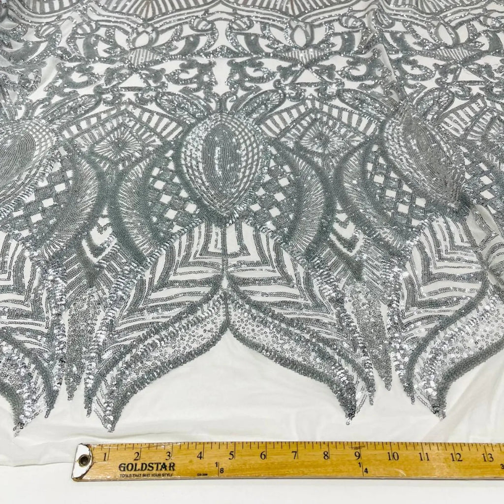 Silver - Marvelous Mermaid Luxury Shiny Sequin 4-Way Stretch Mesh Fabric – Prom & Evening Dress Material By The Yard.